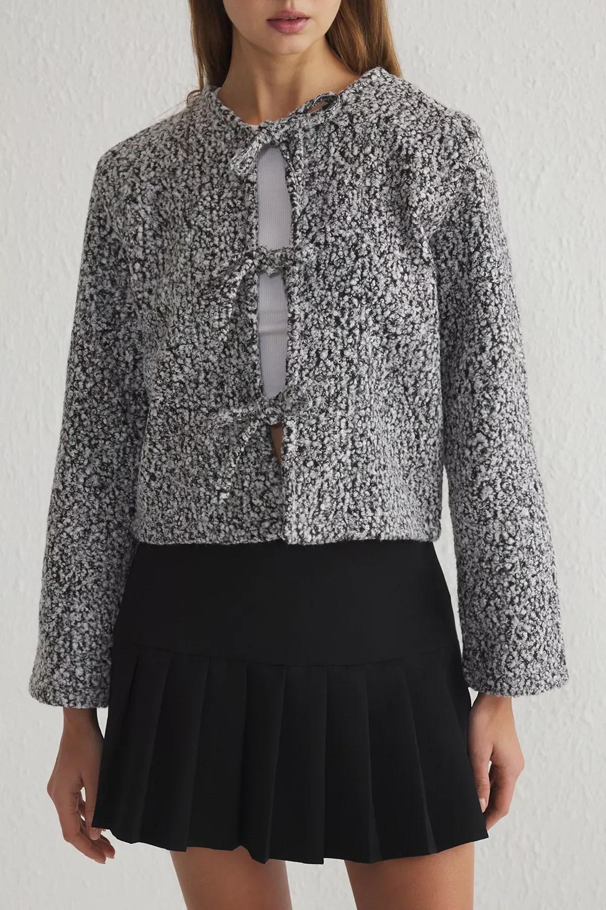 Grey Regular Tie Detailed Boucle Jacket Coat, Grey, large image number 2