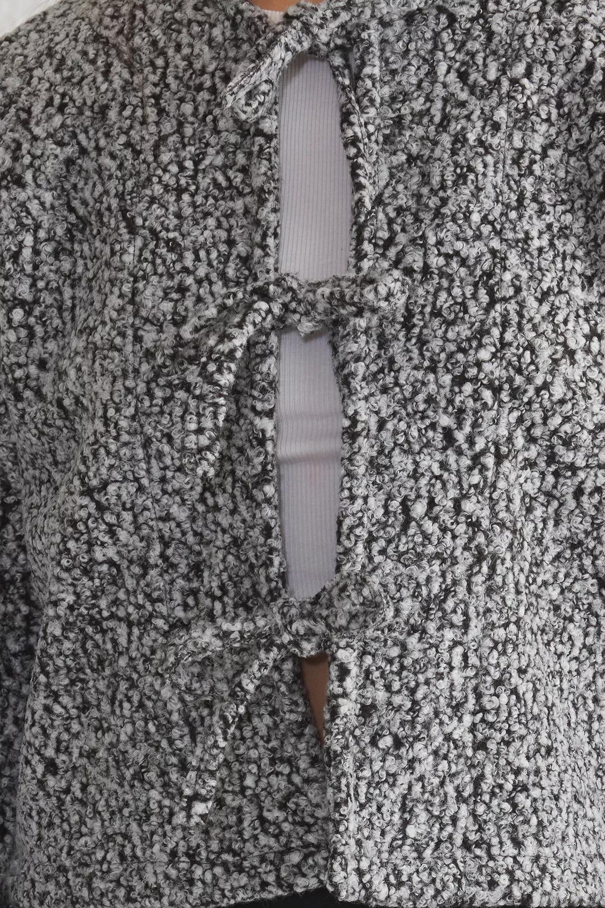 Grey Regular Tie Detailed Boucle Jacket Coat, Grey, large image number 3