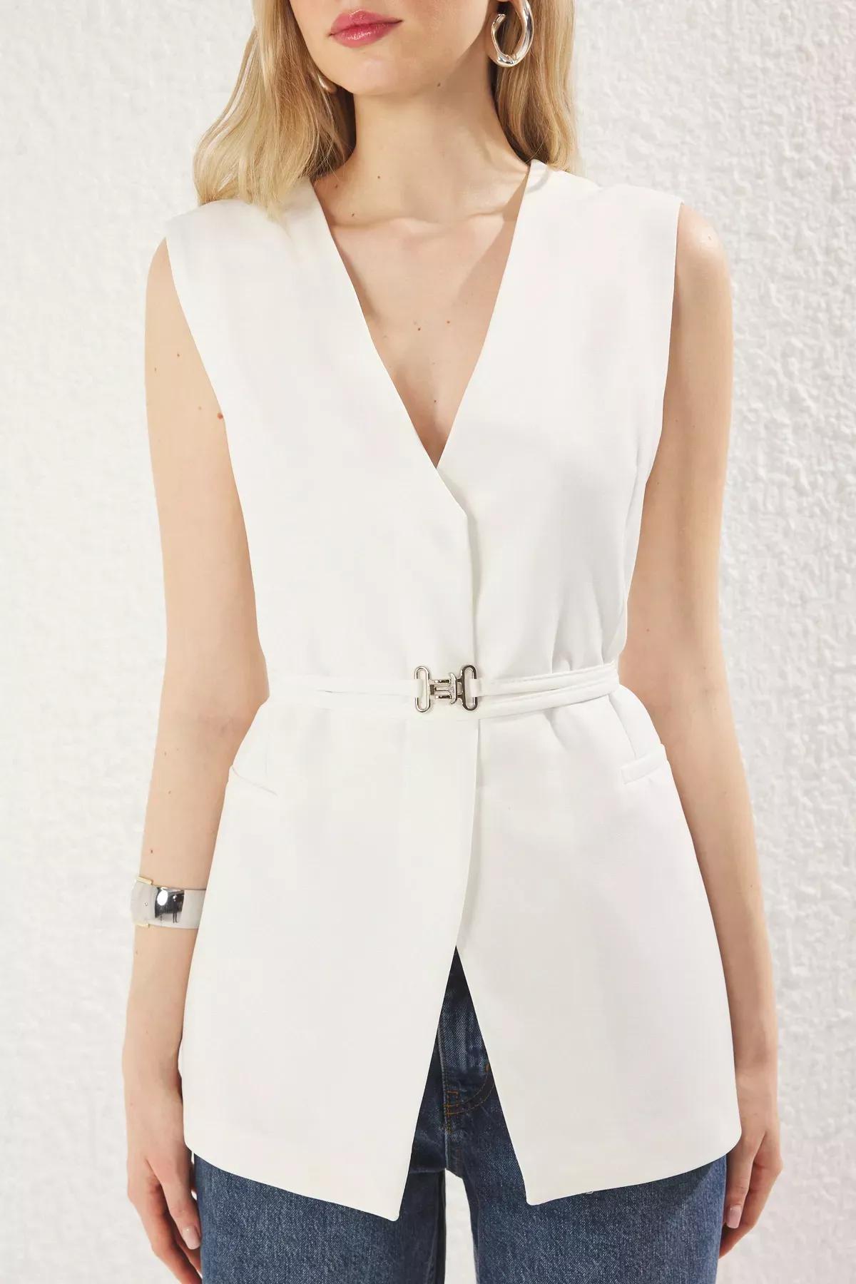 White Belt Detailed V-Neck Woven Vest, , large image number 2