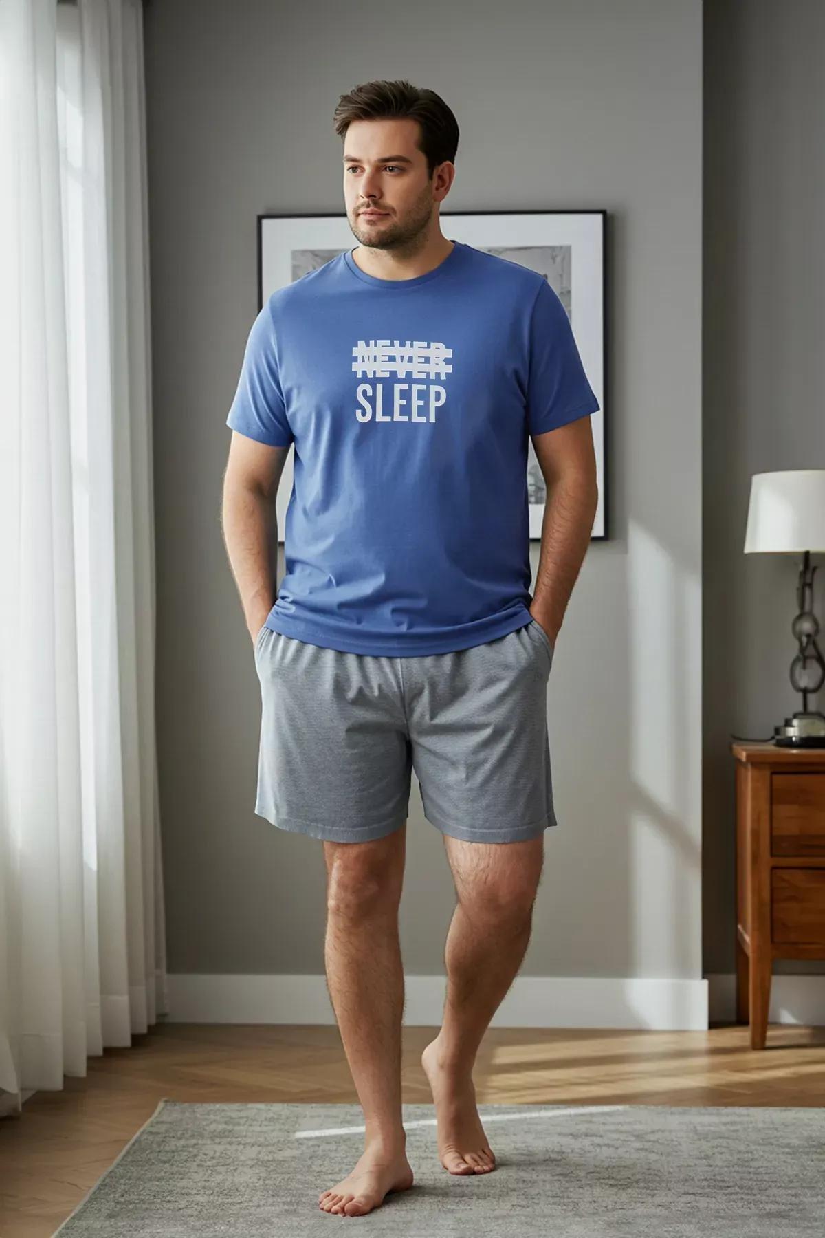 Blue Knitted Shorts Plus-Size Pyjamas Set, , large image number 0