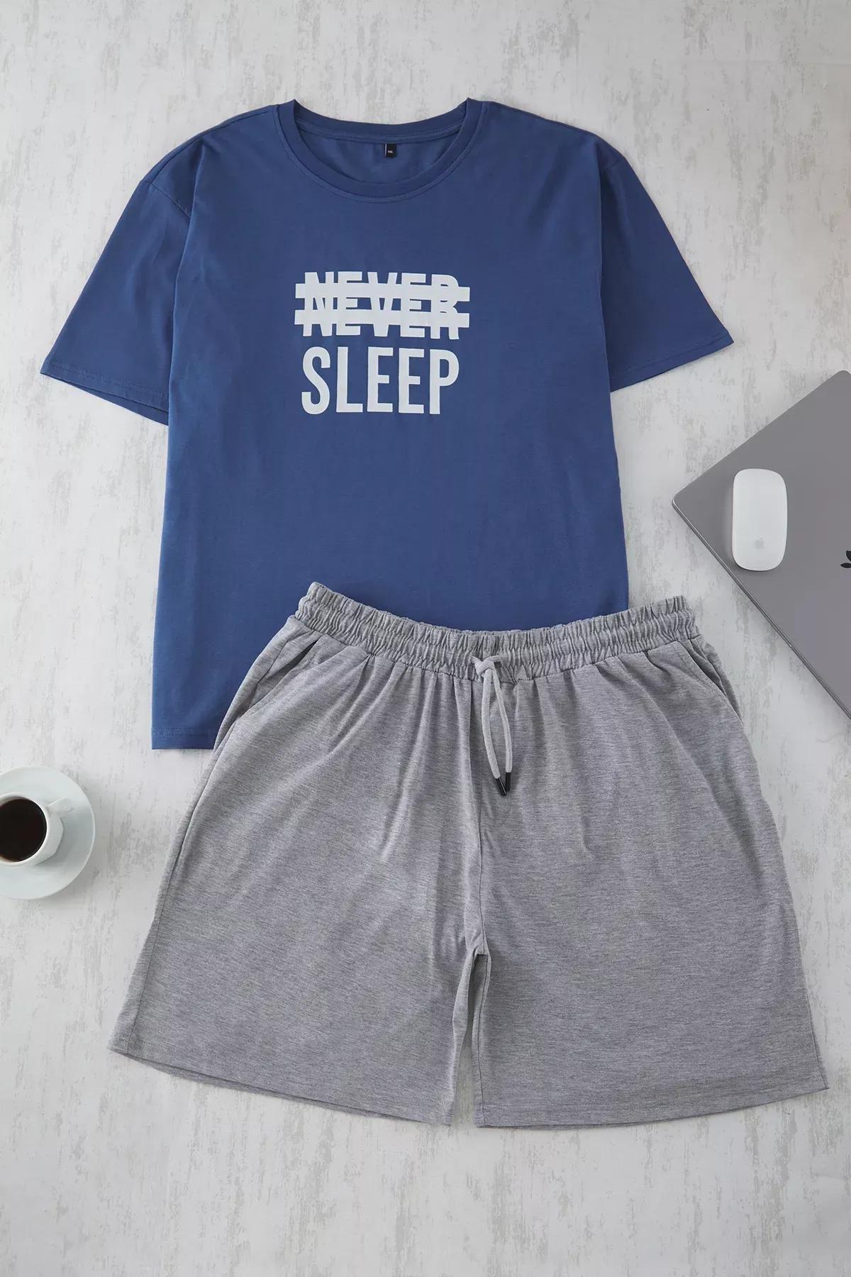 Blue Knitted Shorts Plus-Size Pyjamas Set, , large image number 1