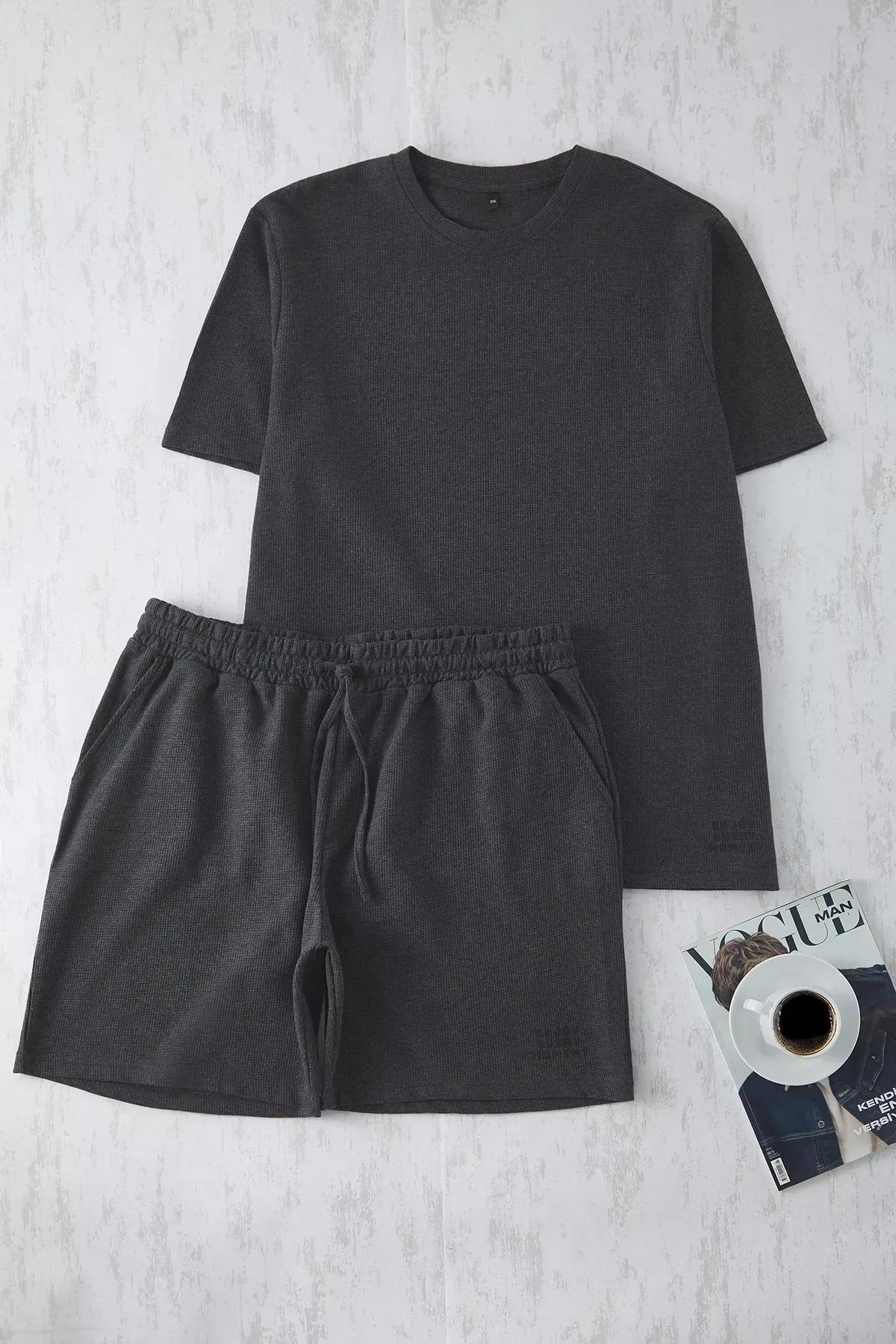 Grey Knitted Shorts Plus-Size Pyjamas Set, , large image number 0