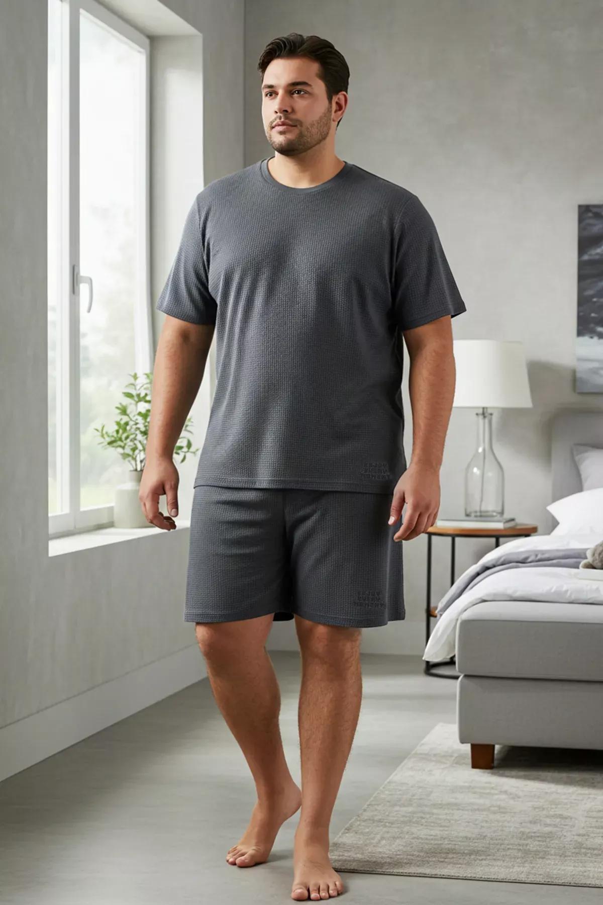 Grey Knitted Shorts Plus-Size Pyjamas Set, , large image number 1