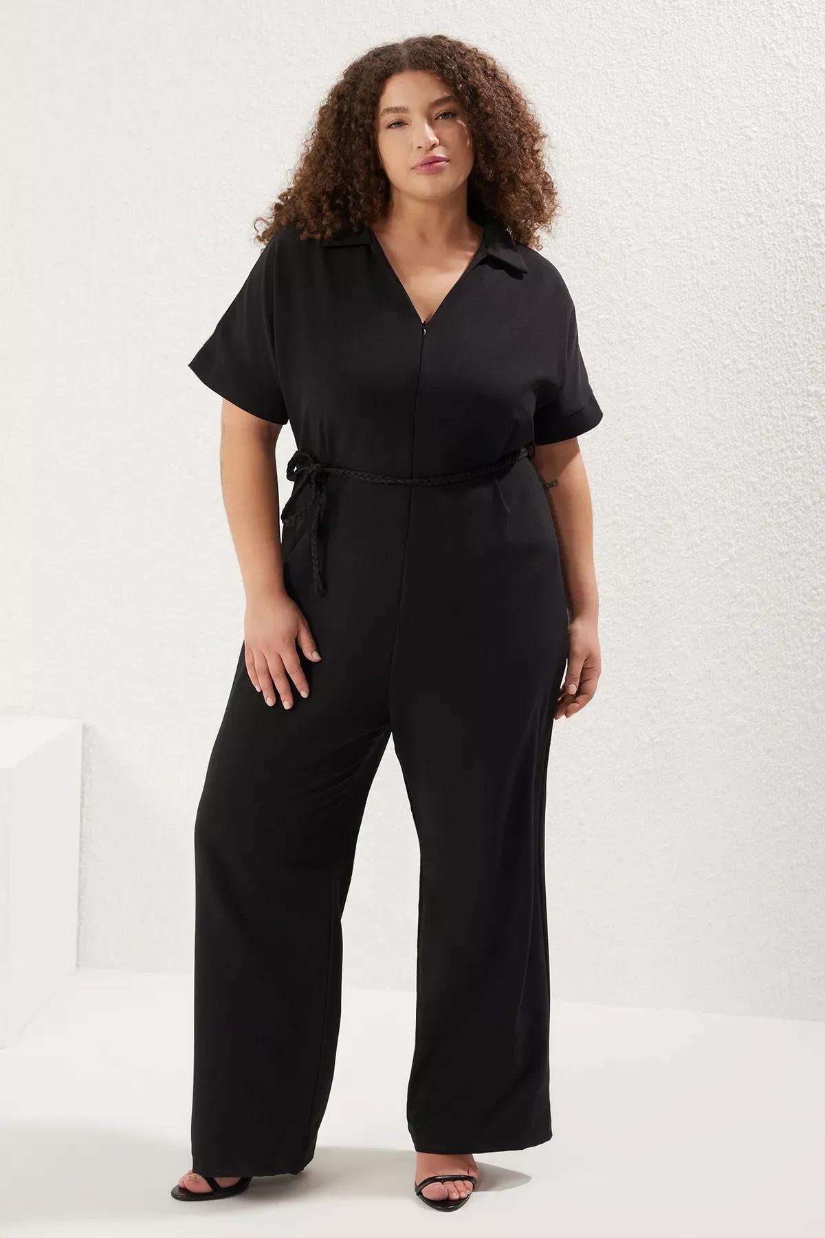 Black Knit Belted Zip Jumpsuit, , large image number 0