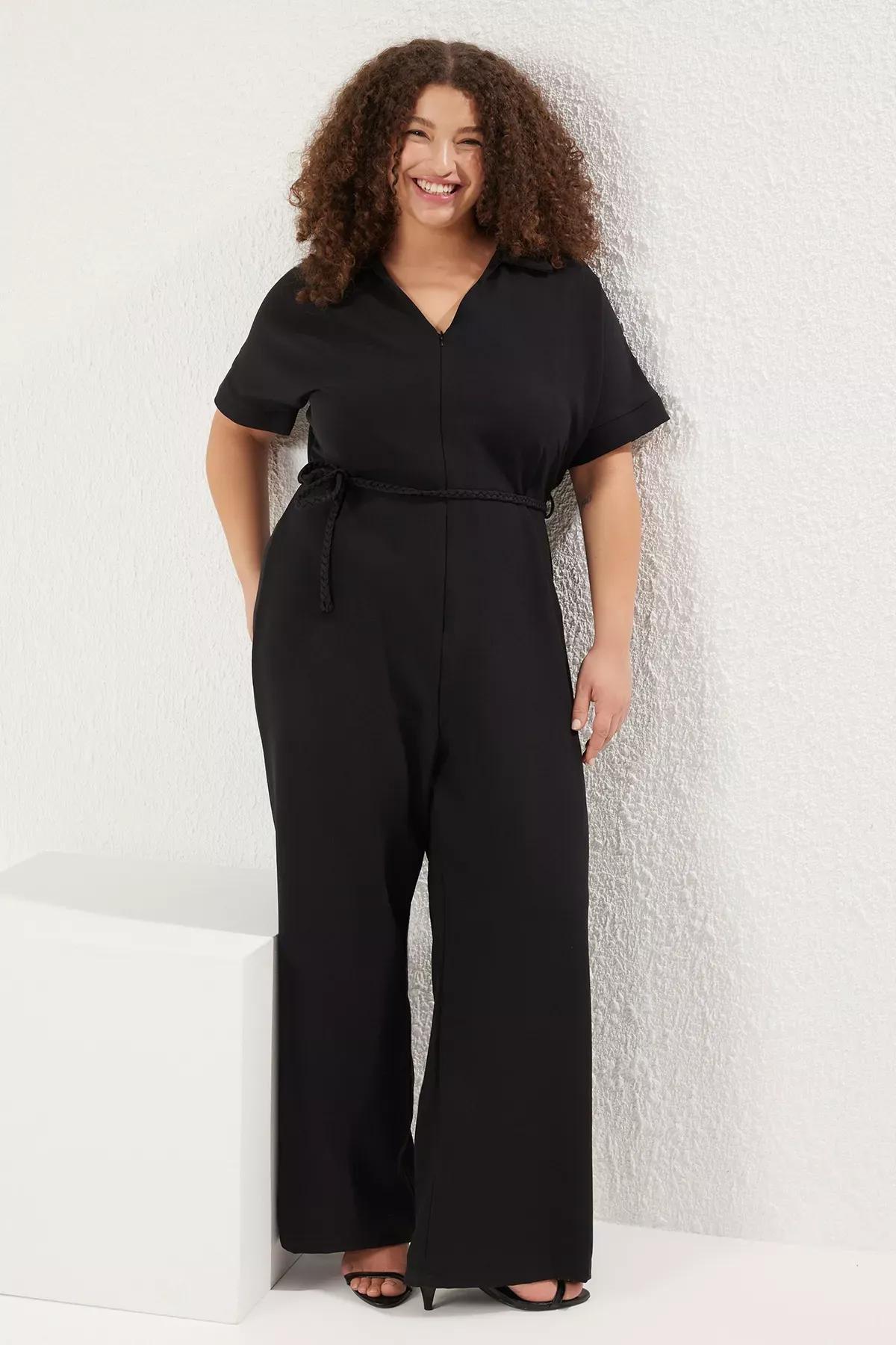 Black Knit Belted Zip Jumpsuit, , large image number 1