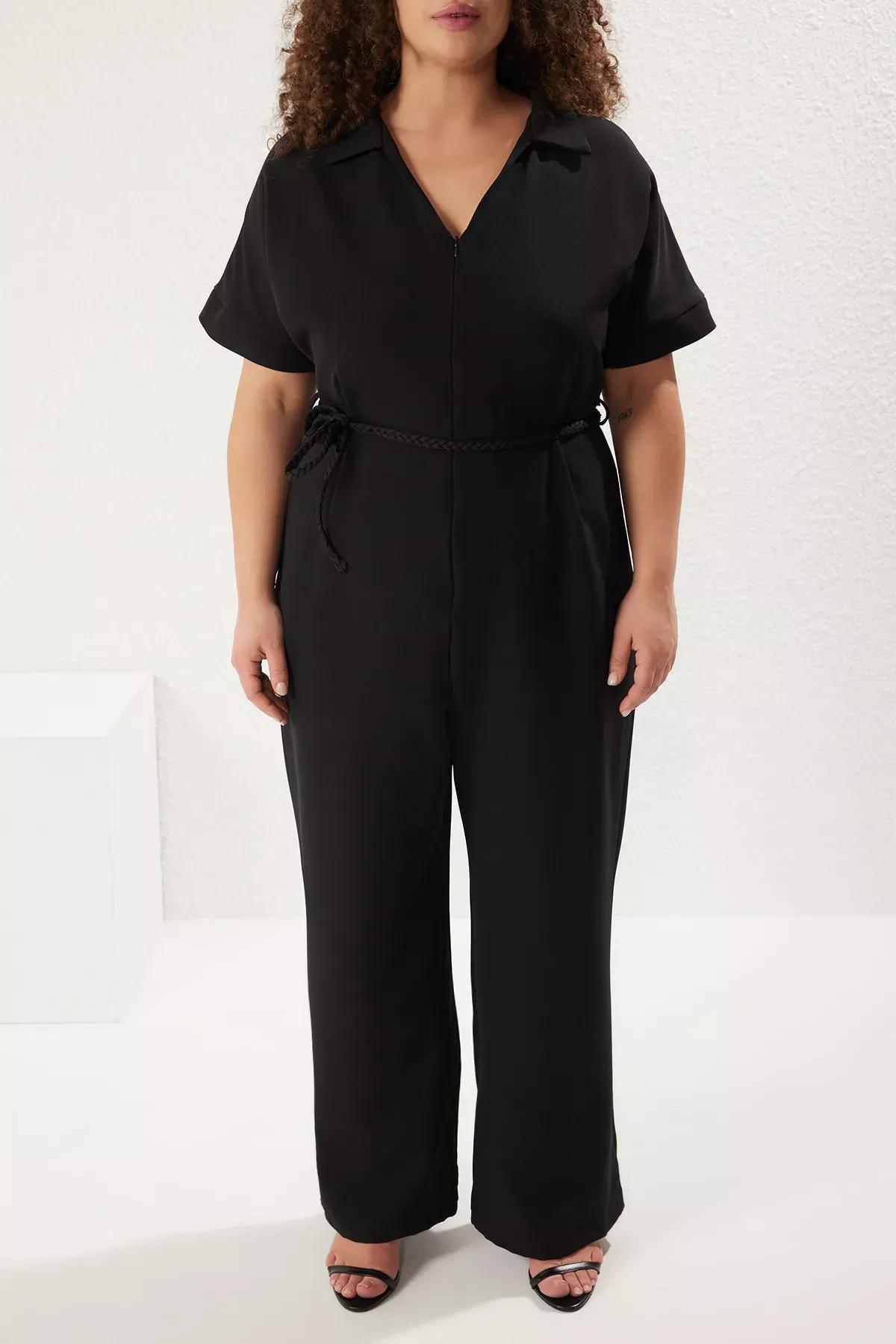 Black Knit Belted Zip Jumpsuit, , large image number 2