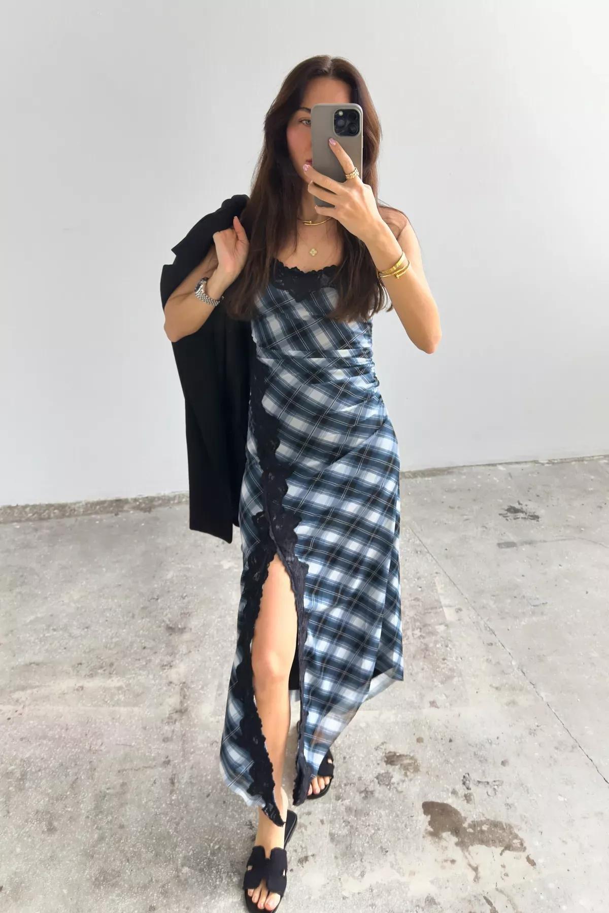 Black Printed Slit Midi Knit Dress, BLACK, large image number 1