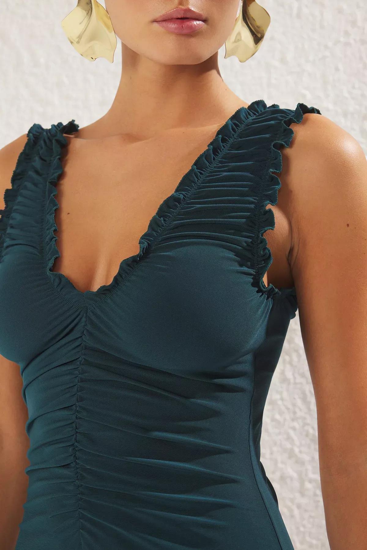Green V-Neck Pleated Maxi Knit Dress, , large image number 2