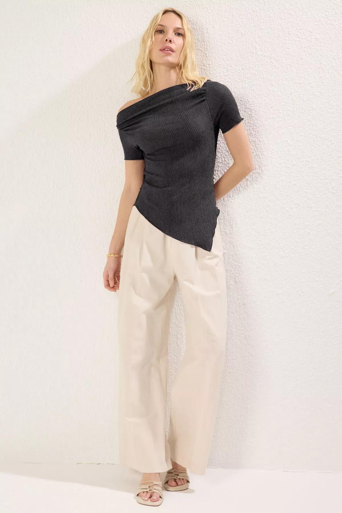 Grey Asymmetrical Draw Drape Blouse, , large image number 1