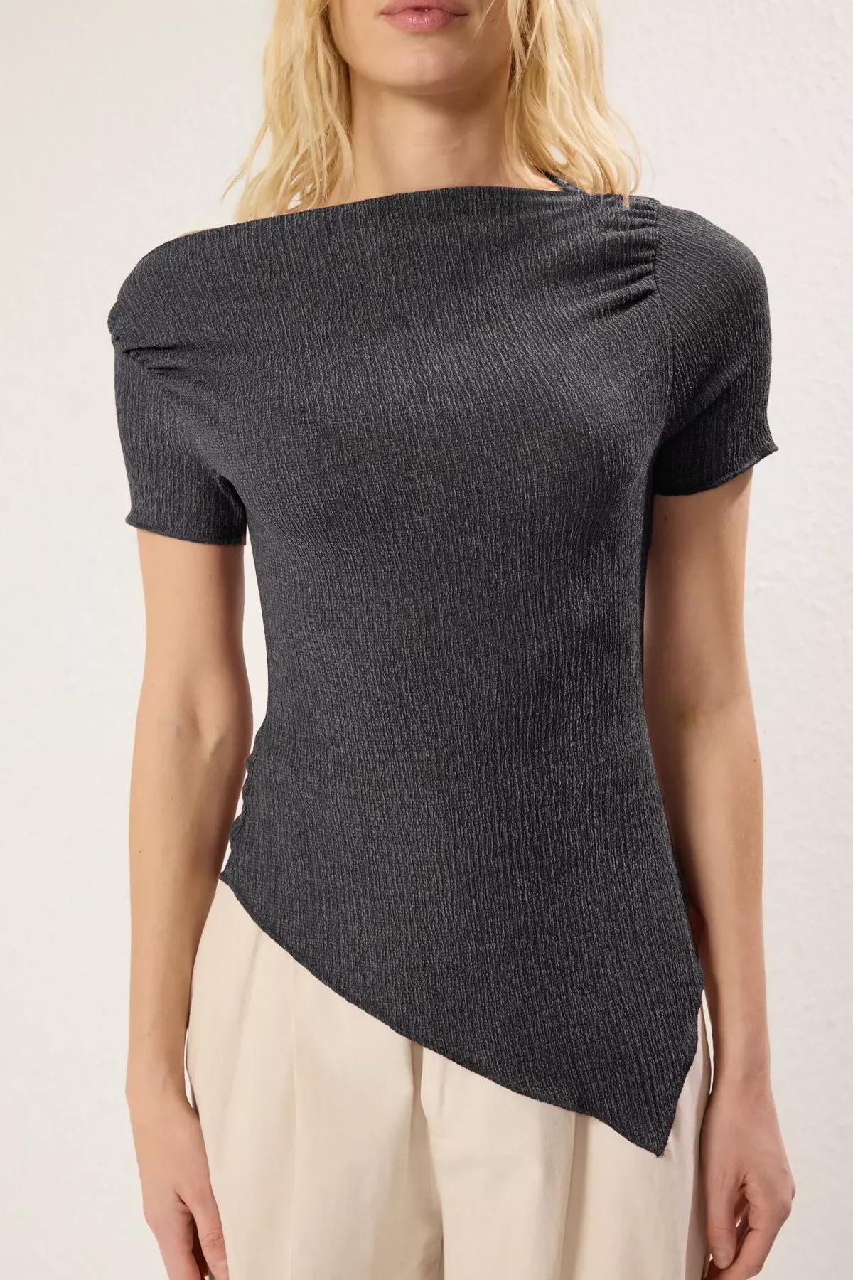 Grey Asymmetrical Draw Drape Blouse, , large image number 2