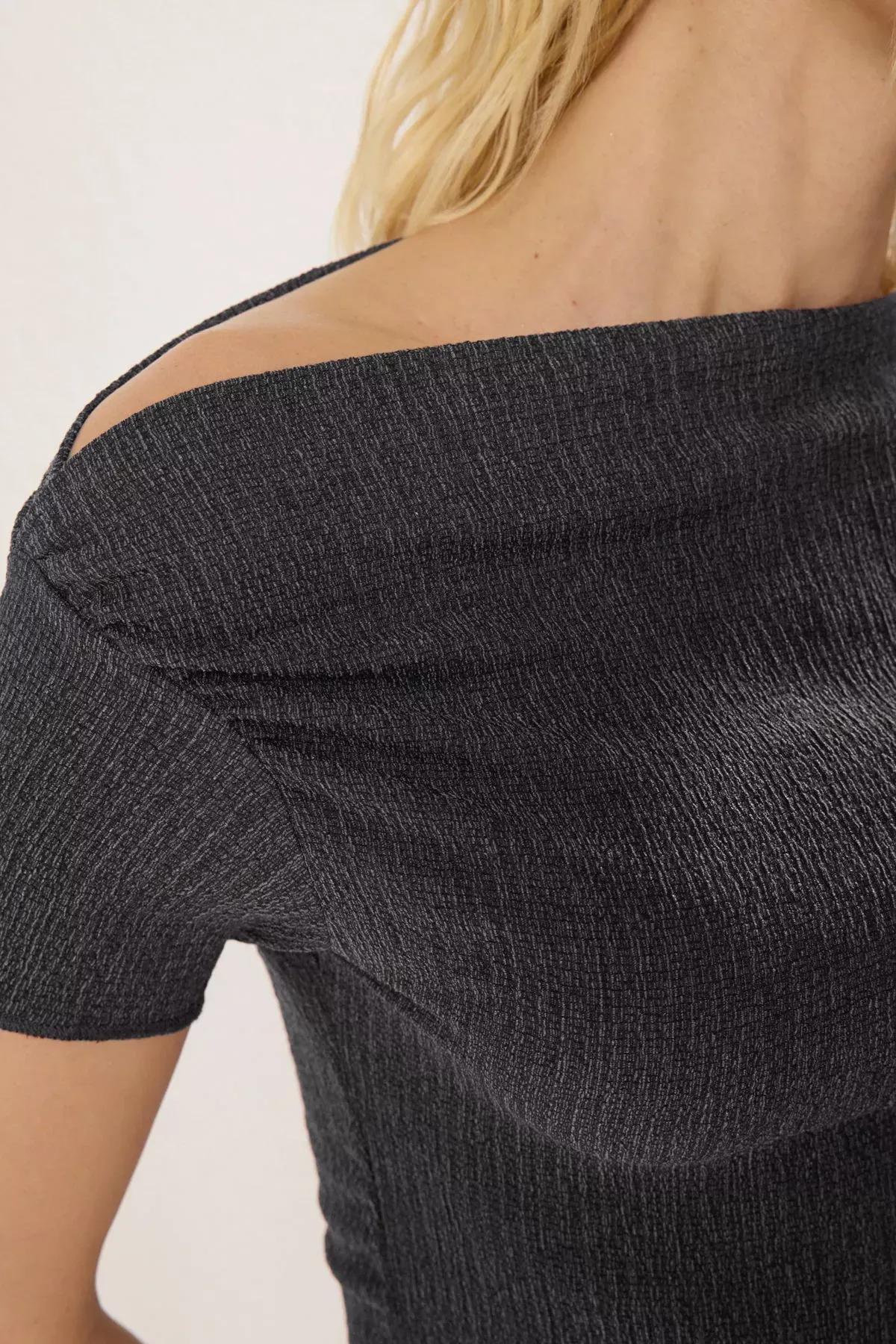 Grey Asymmetrical Draw Drape Blouse, , large image number 3