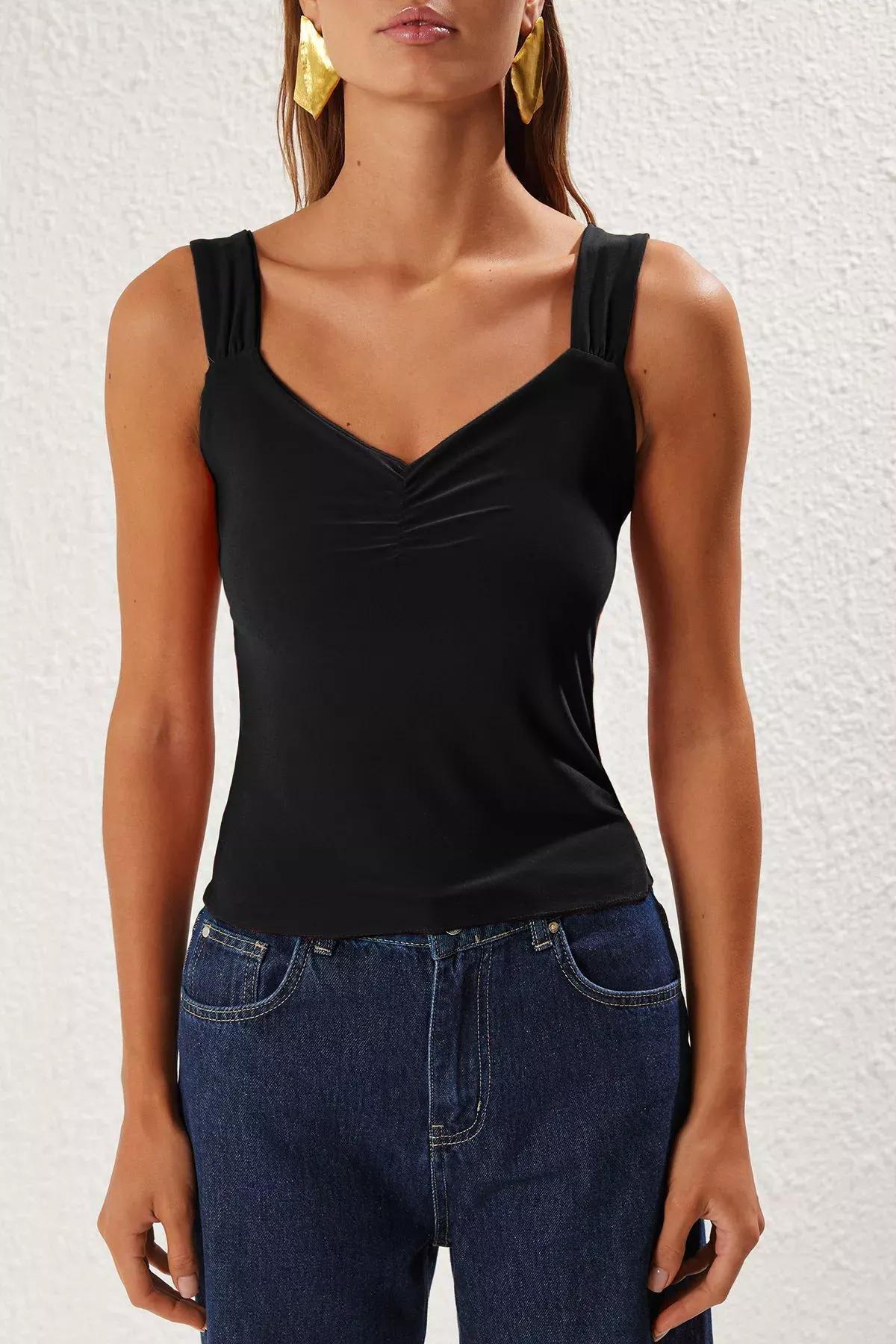 Black Drawstring Crop Blouse, , large image number 2