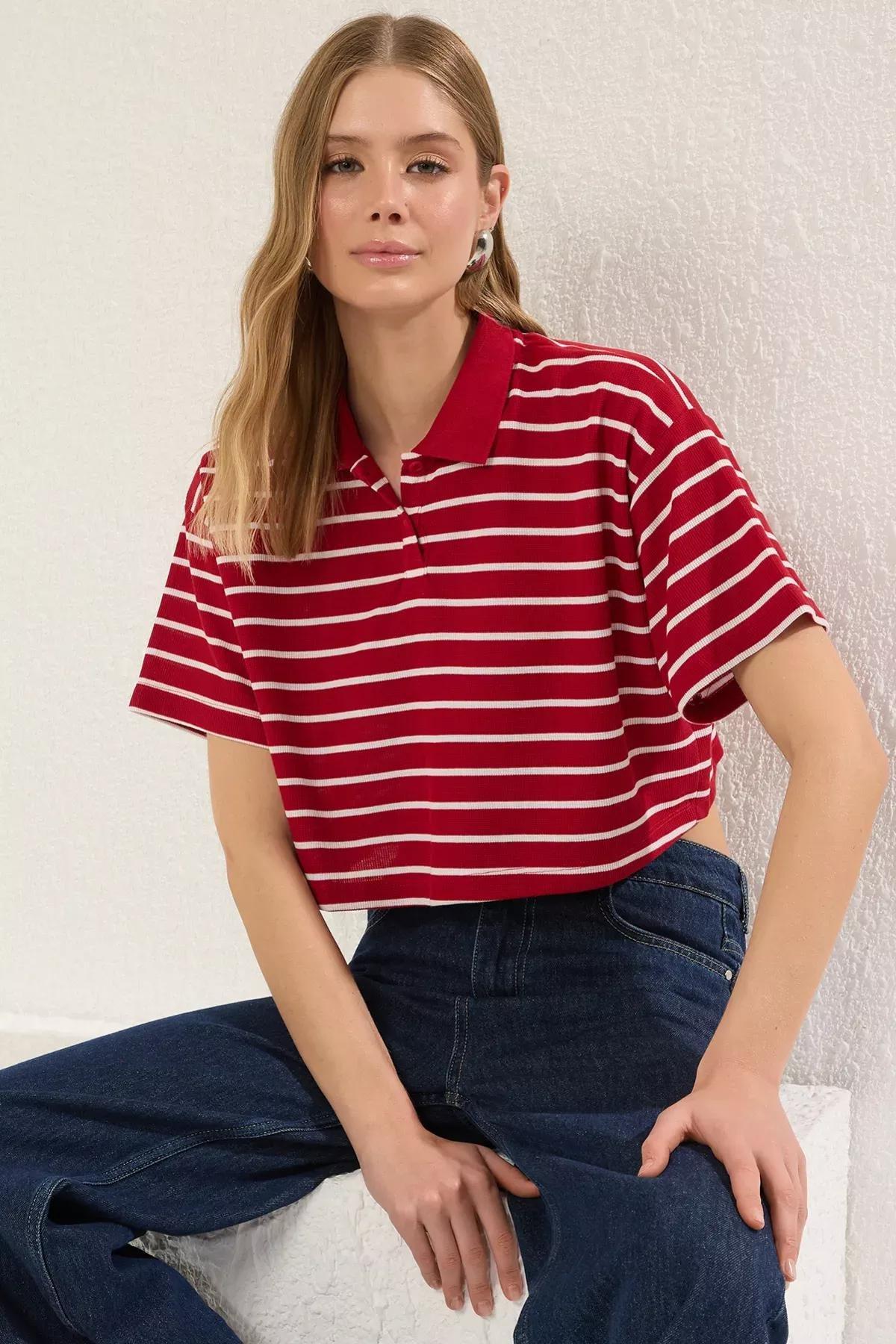 Red Striped Relaxed Crop T-shirt, Red, large image number 1
