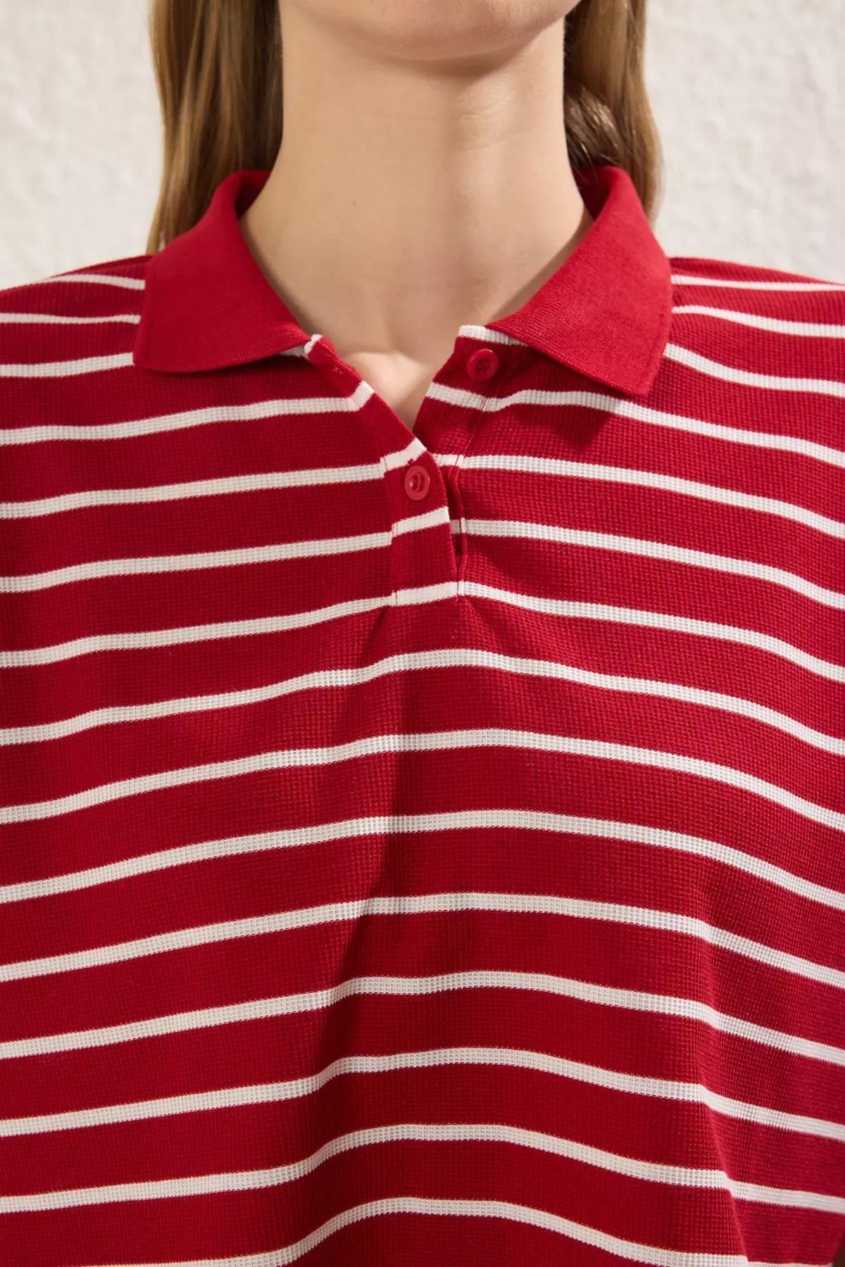 Red Striped Relaxed Crop T-shirt, Red, large image number 2