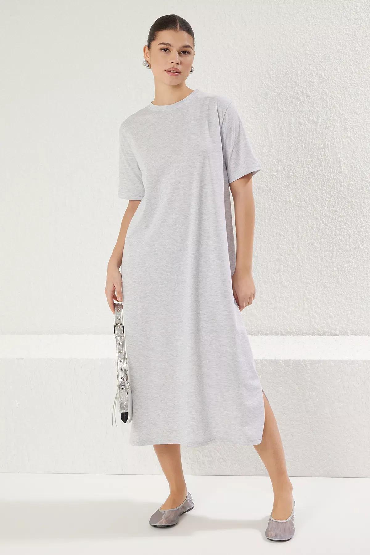 Grey Melange Crew Neck Midi Knitted Dress, C101_1653, large image number 0