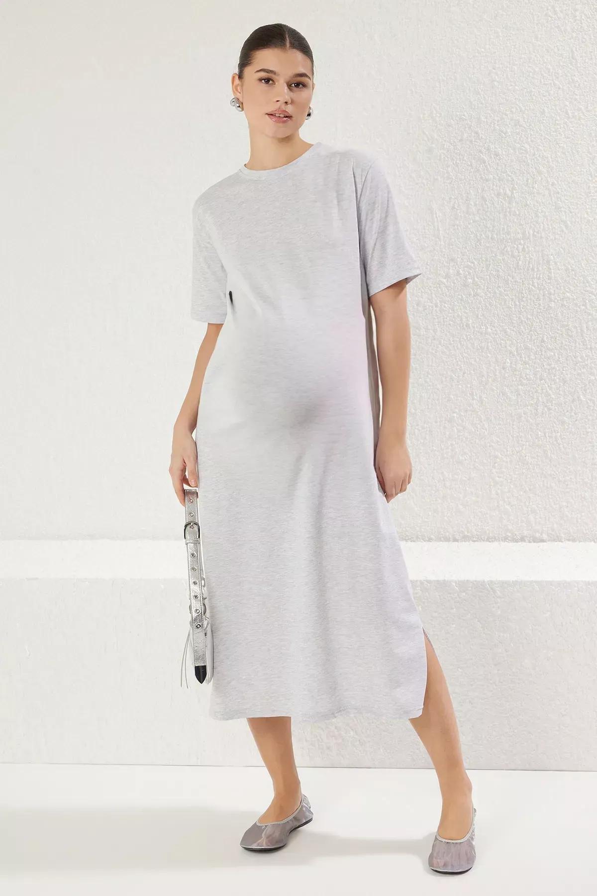 Grey Melange Crew Neck Midi Knitted Dress, C101_1653, large image number 1