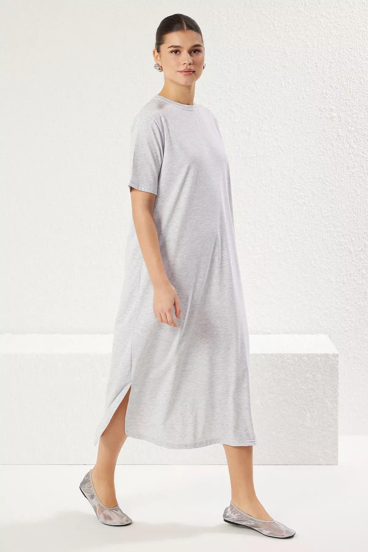 Grey Melange Crew Neck Midi Knitted Dress, C101_1653, large image number 2