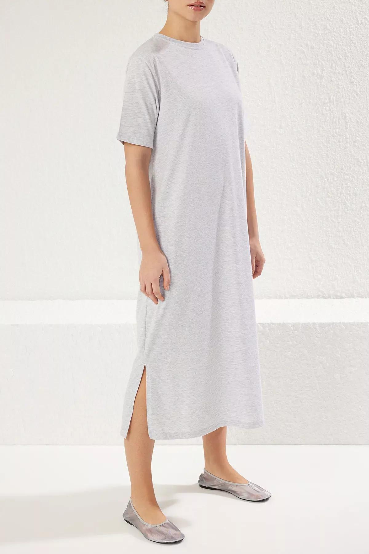 Grey Melange Crew Neck Midi Knitted Dress, C101_1653, large image number 3