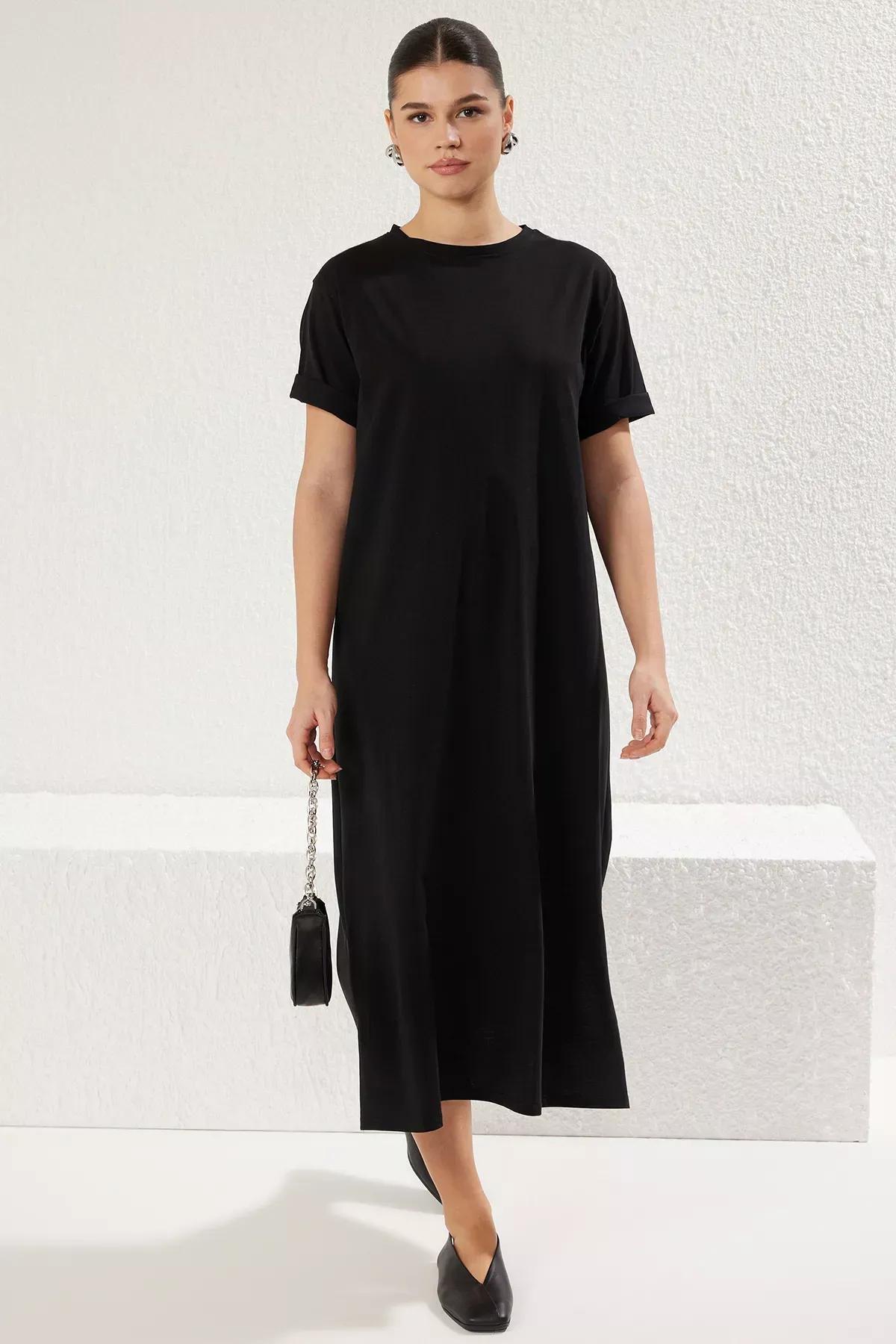 Black Crew Neck Midi Knitted T-Shirt Dress, , medium