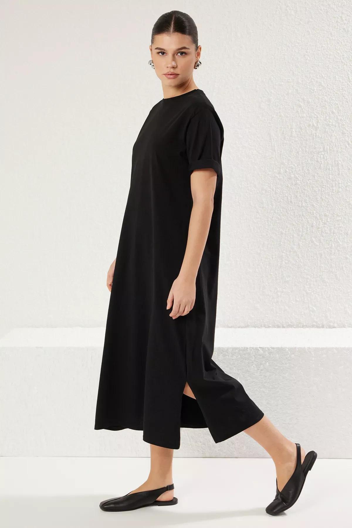 Black Crew Neck Midi Knitted T-Shirt Dress, , large image number 1