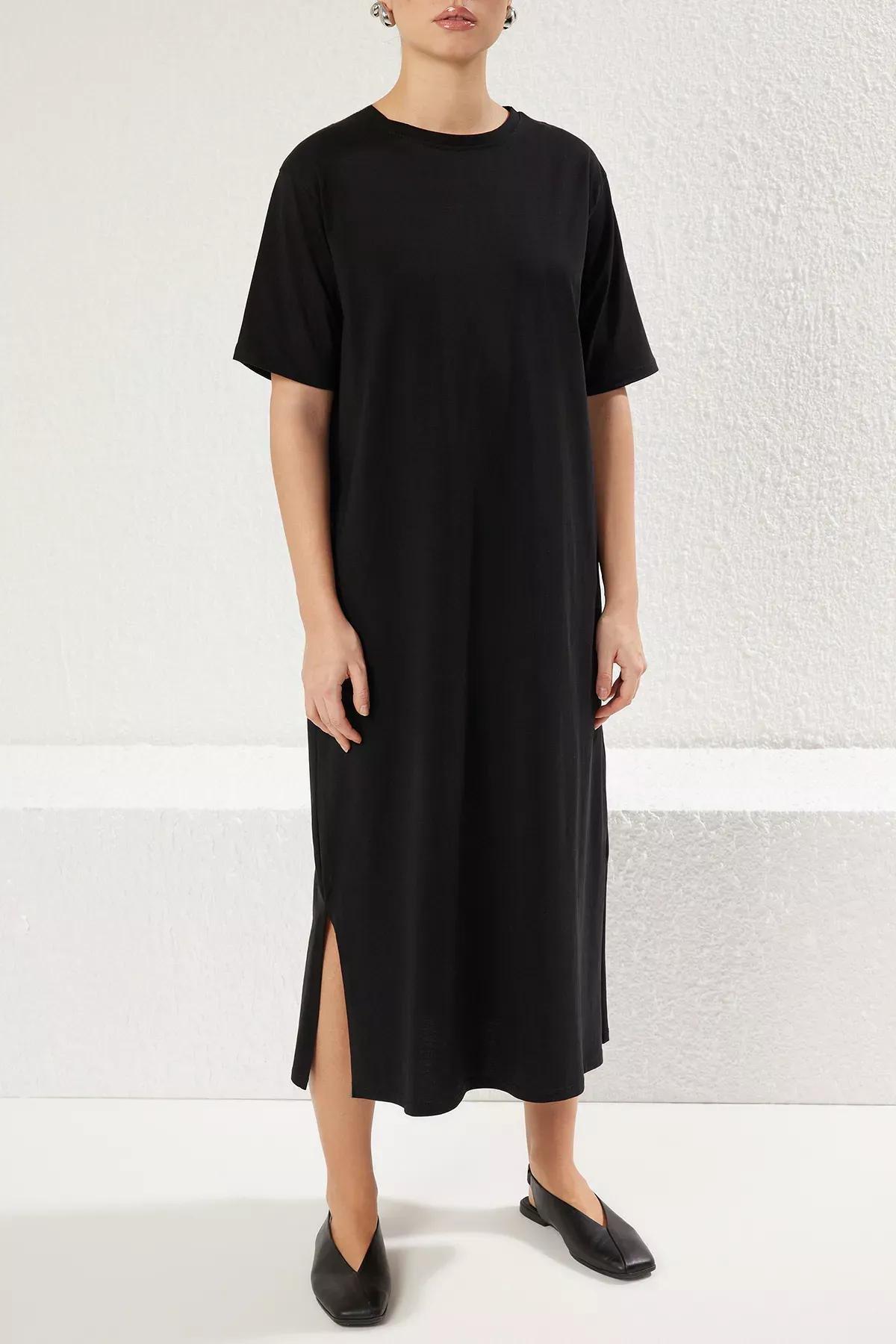 Black Crew Neck Midi Knitted T-Shirt Dress, , large image number 2