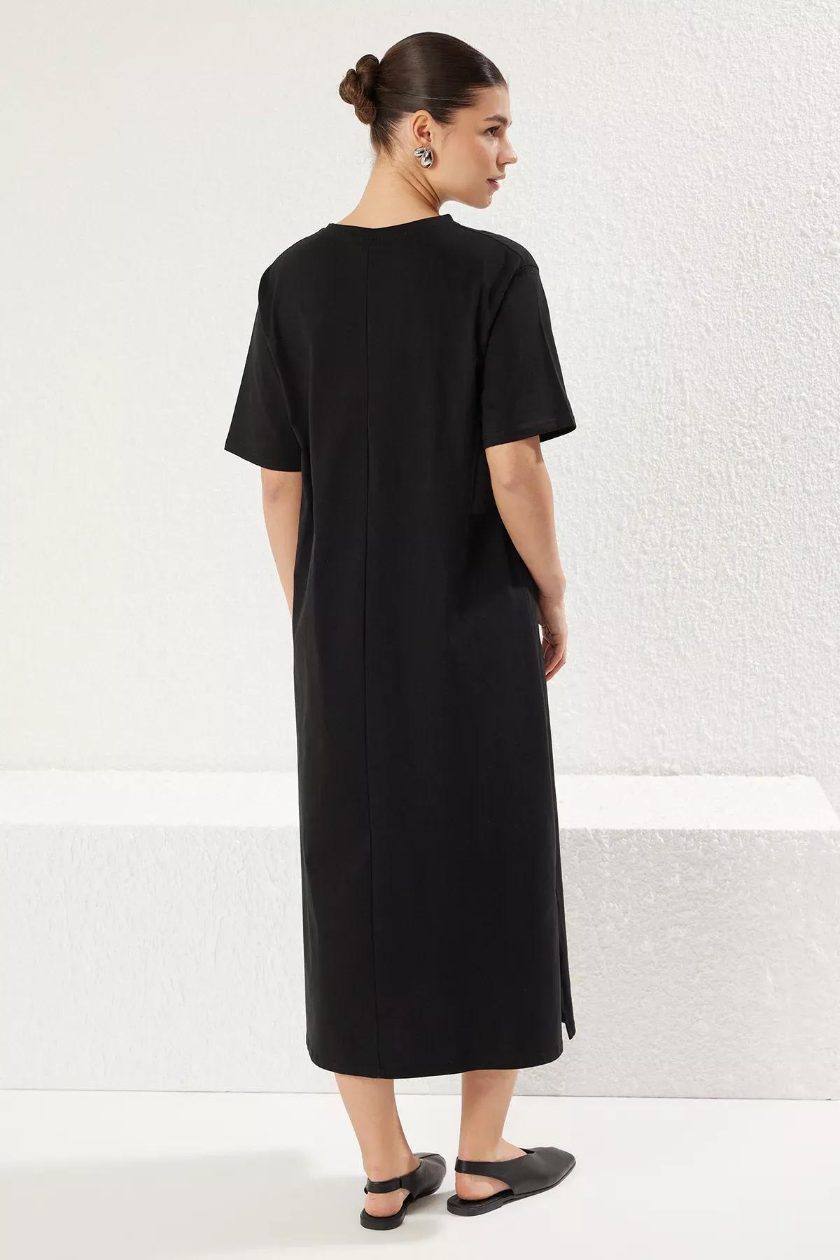 Black Crew Neck Midi Knitted T-Shirt Dress, , large image number 4