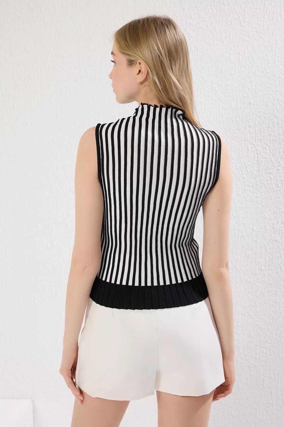 Black Striped Stand Collar Blouse, , large image number 3