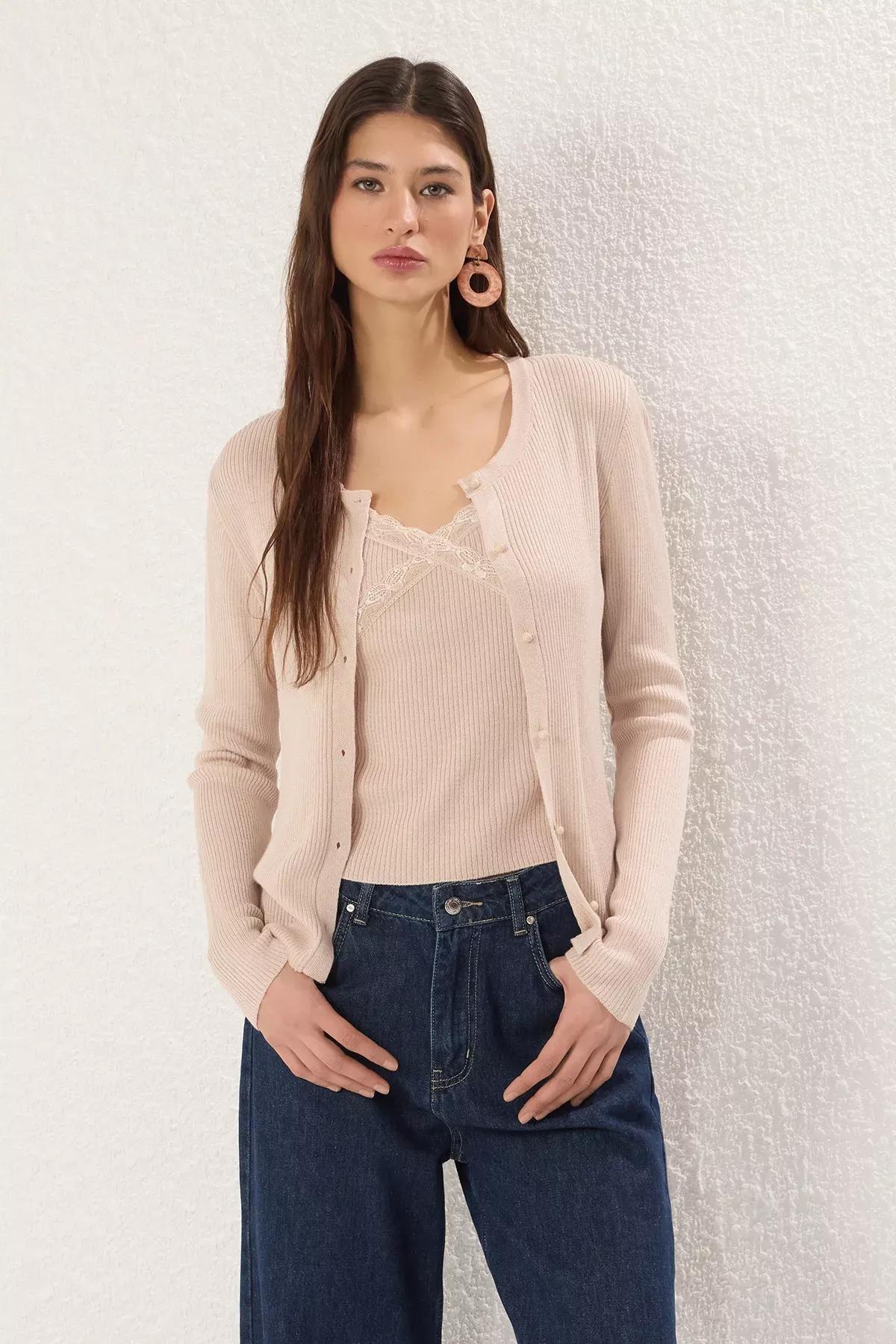 Beige Collar Lace Knit Cardigan, , large image number 0