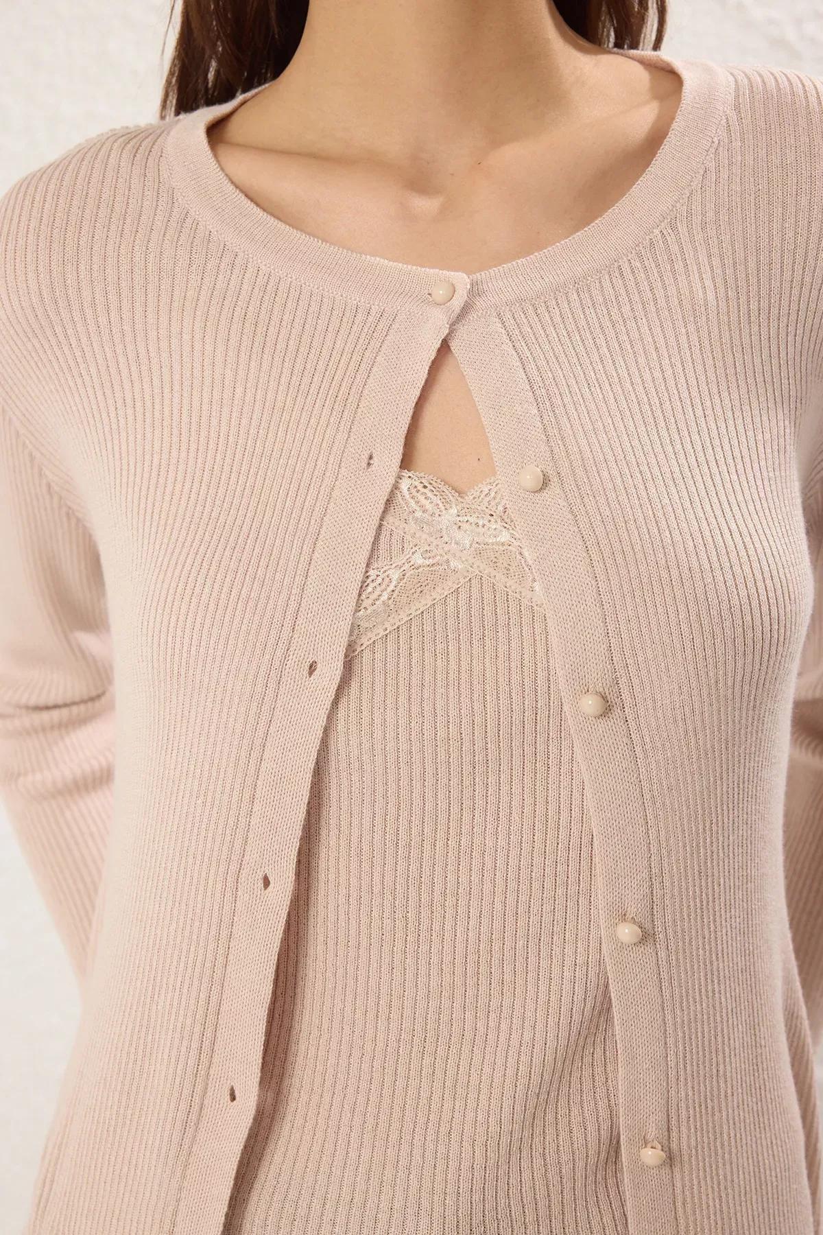Beige Collar Lace Knit Cardigan, , large image number 2