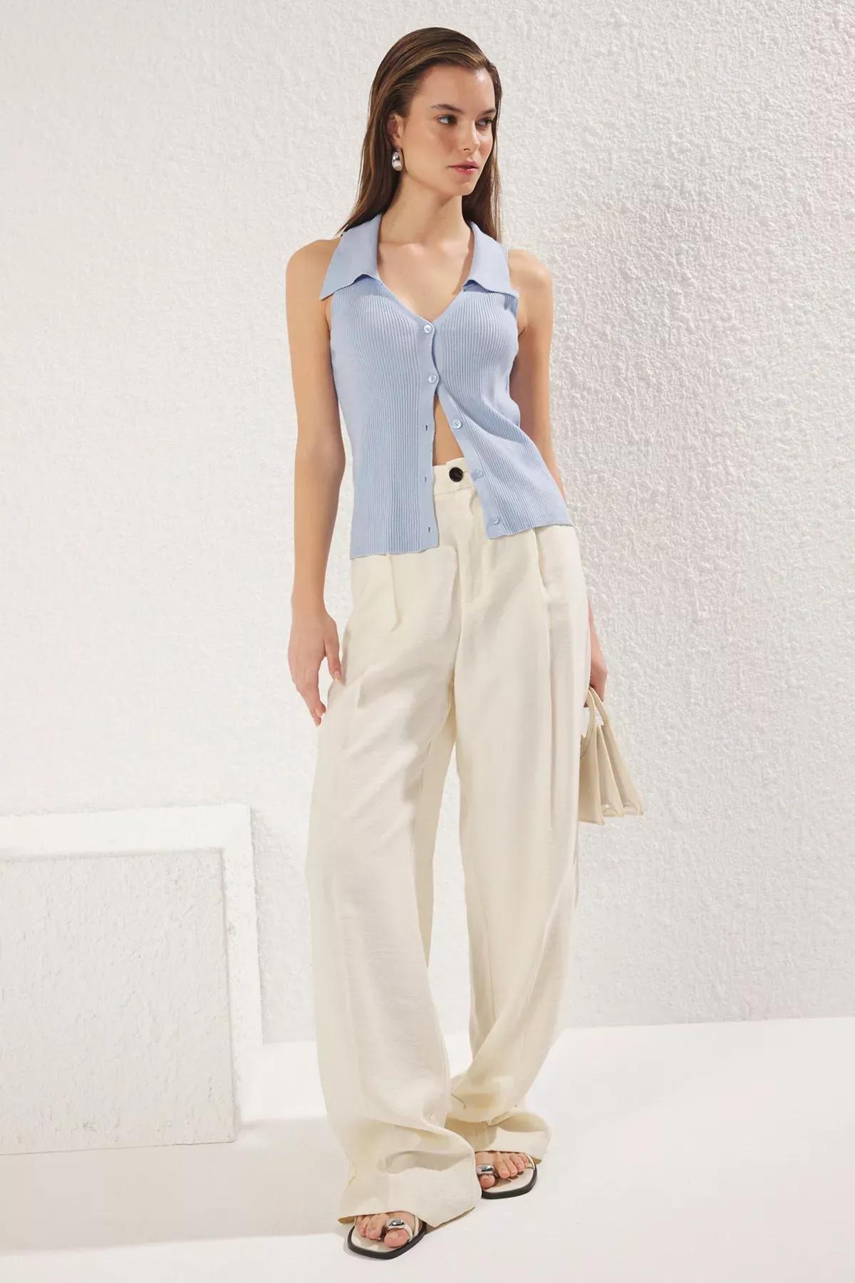 Blue Polo Collar Knitted Thin Blouse, Blue, medium