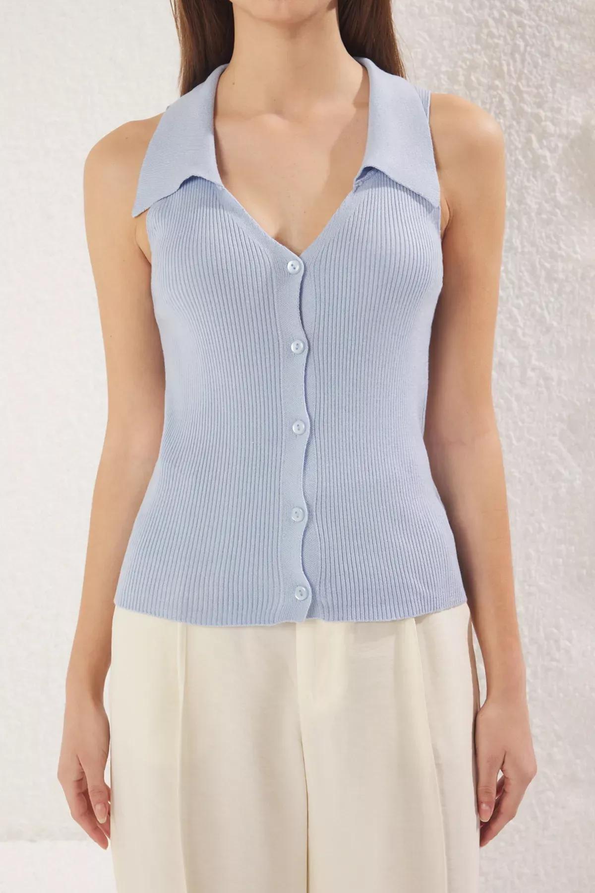 Blue Polo Collar Knitted Thin Blouse, Blue, medium