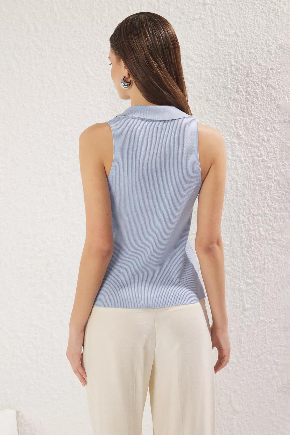 Blue Polo Collar Knitted Thin Blouse, , large image number 4