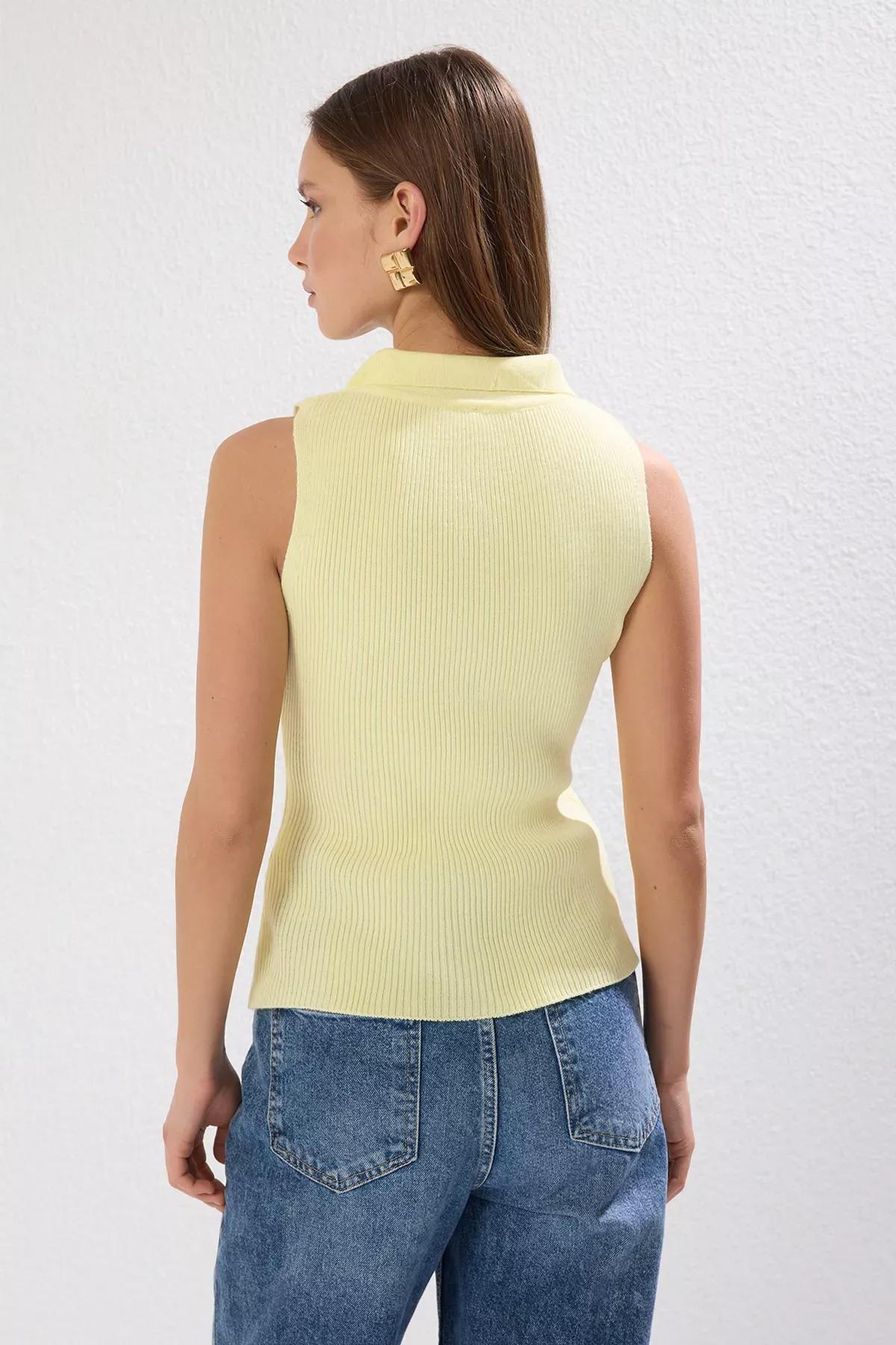 Yellow Ribbed Polo Slim Blouse, , large image number 3