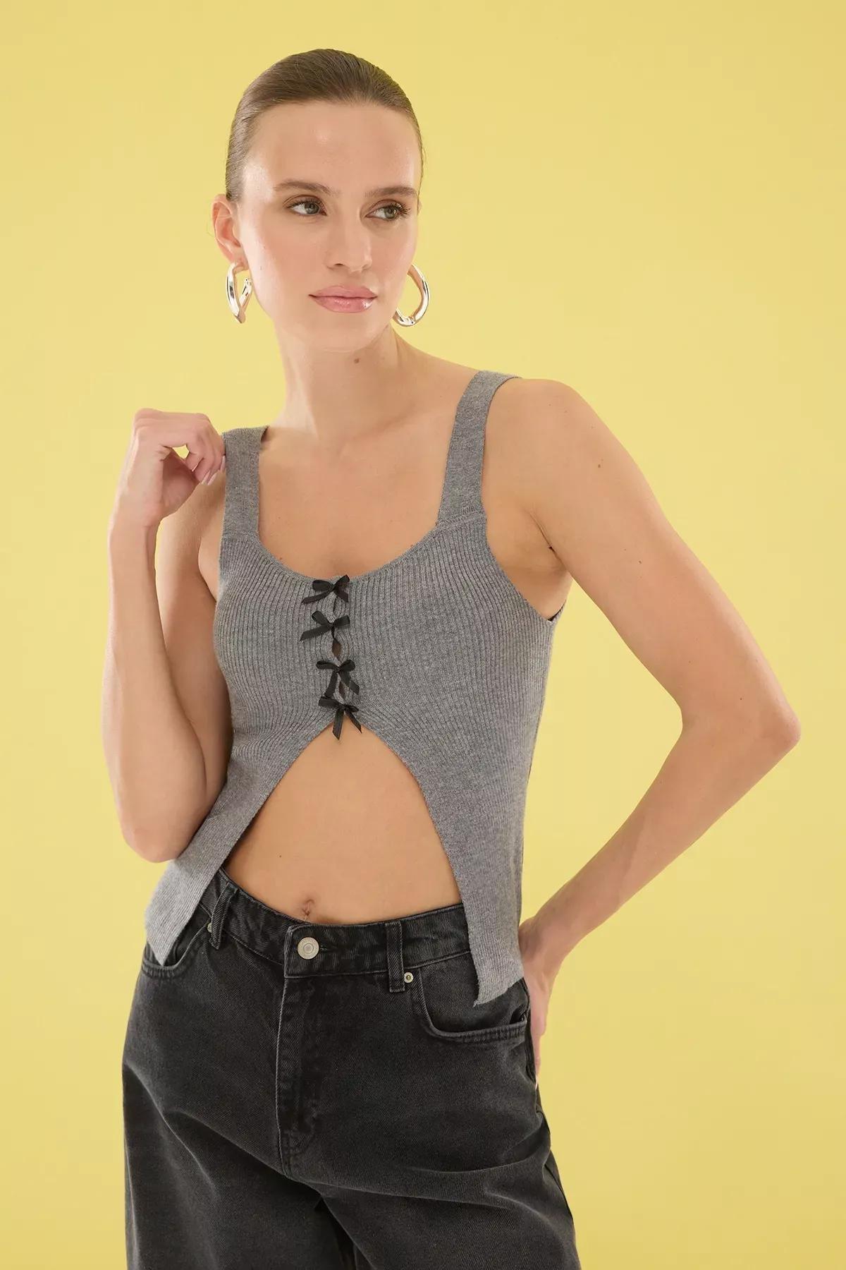 Grey Ribbon Knitted Thin Blouse, , large image number 0