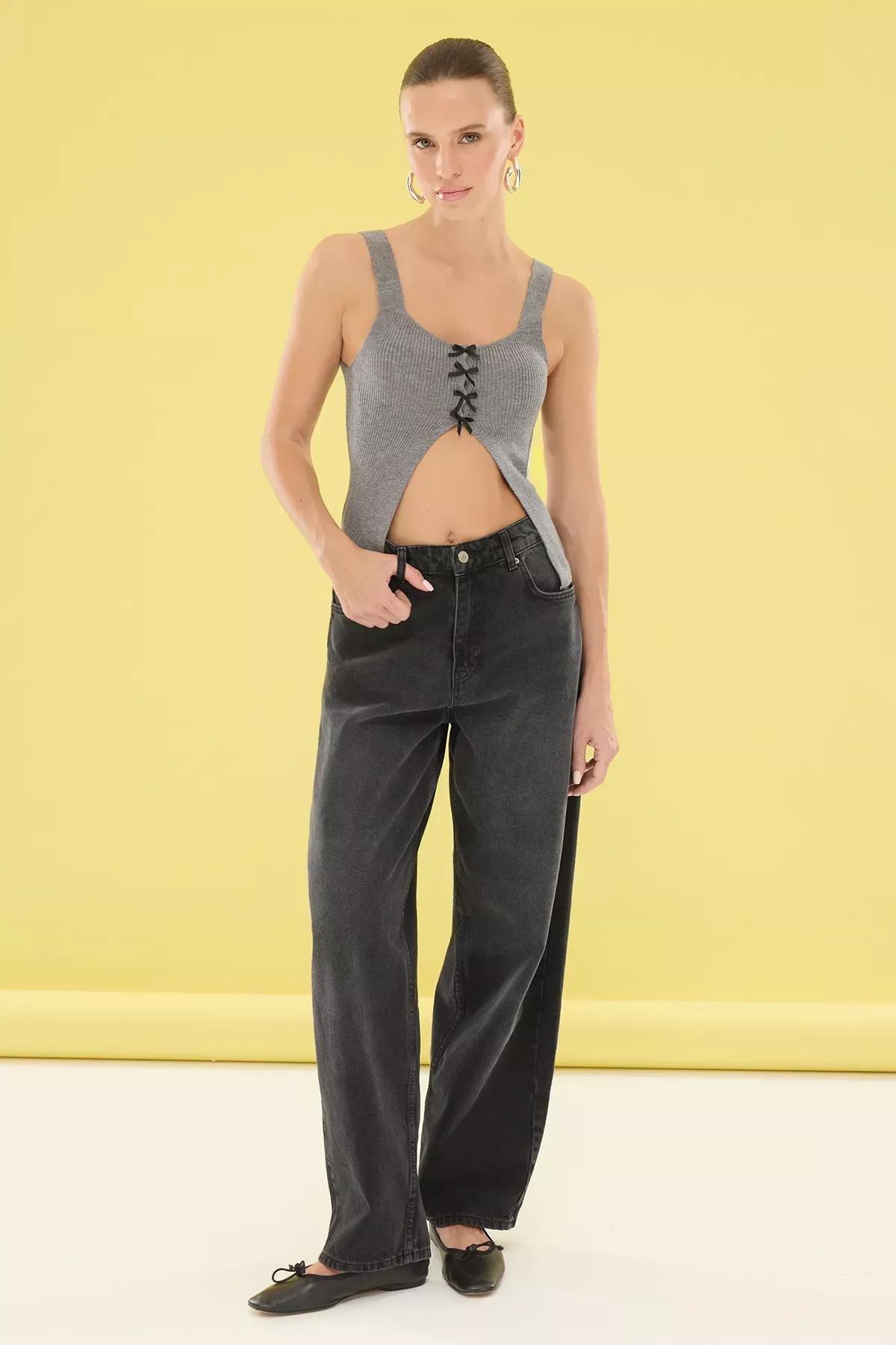 Grey Ribbon Knitted Thin Blouse, , large image number 1