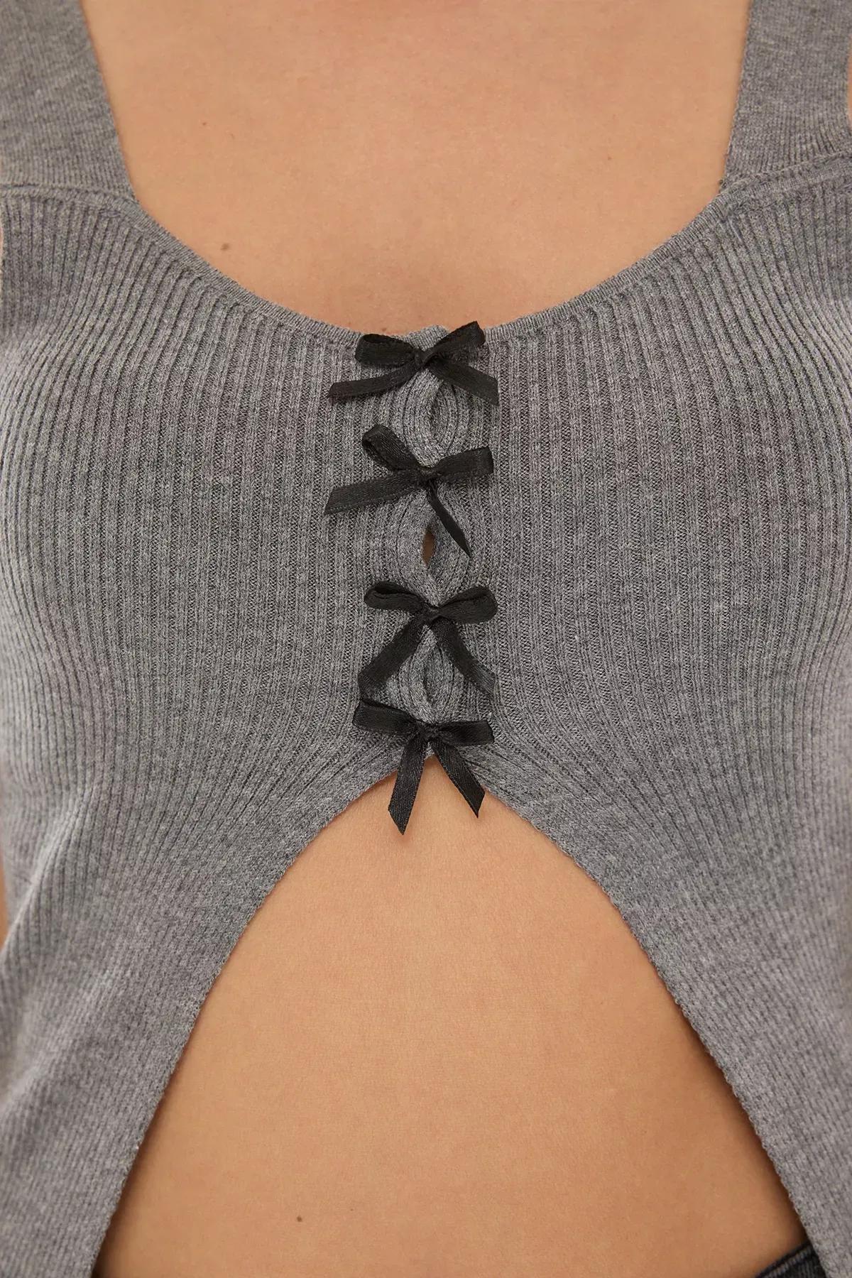 Grey Ribbon Knitted Thin Blouse, , large image number 2