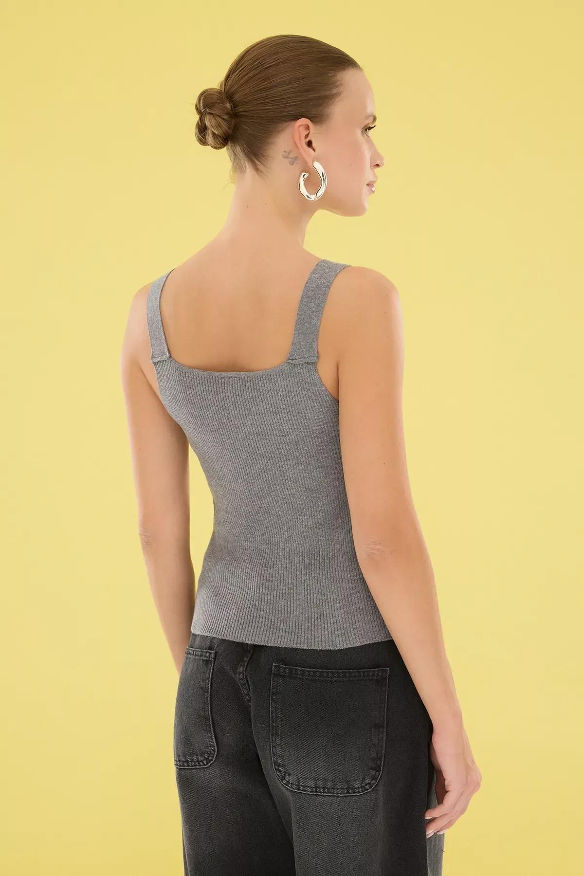 Grey Ribbon Knitted Thin Blouse, , large image number 3