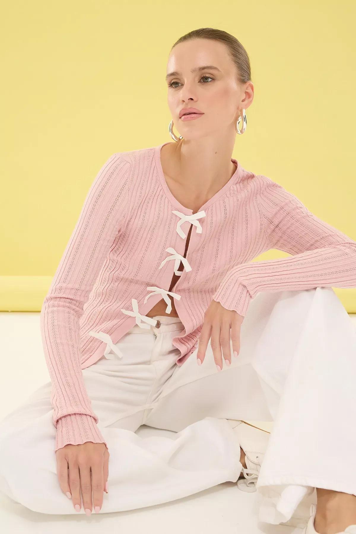 Pink Yarn Knitted Ribbon Cardigan, , large image number 0