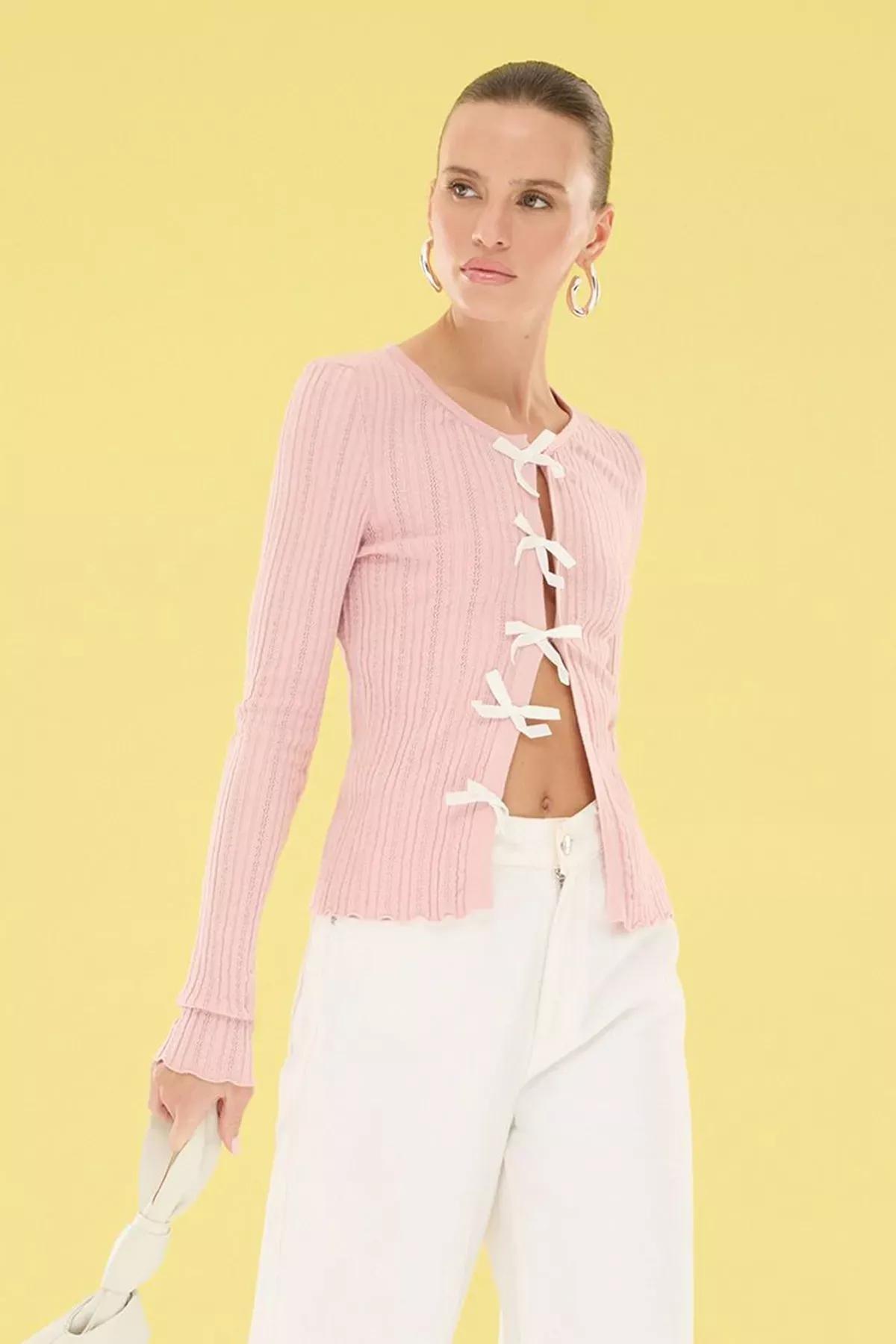 Pink Yarn Knitted Ribbon Cardigan, , large image number 1