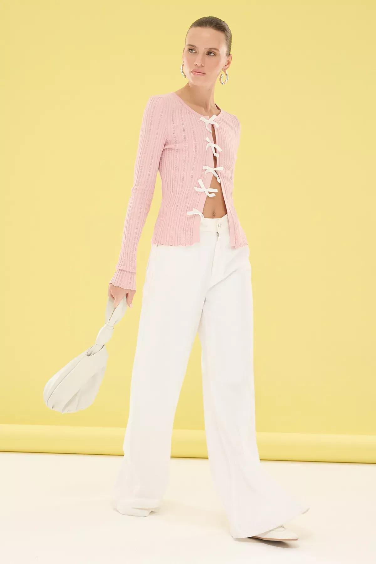 Pink Yarn Knitted Ribbon Cardigan, , large image number 2