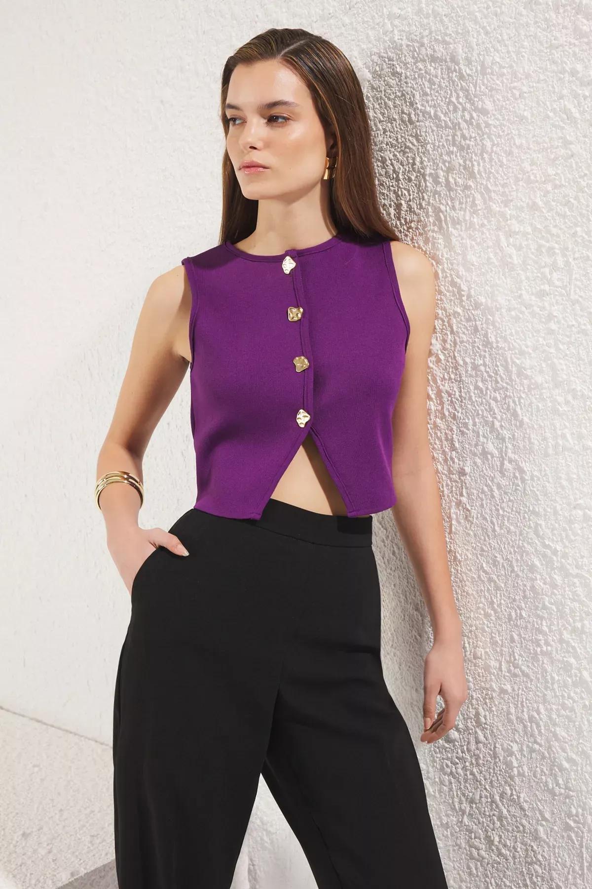 Purple Slim Crew-Neck Crop Vest, Purple, large image number 1