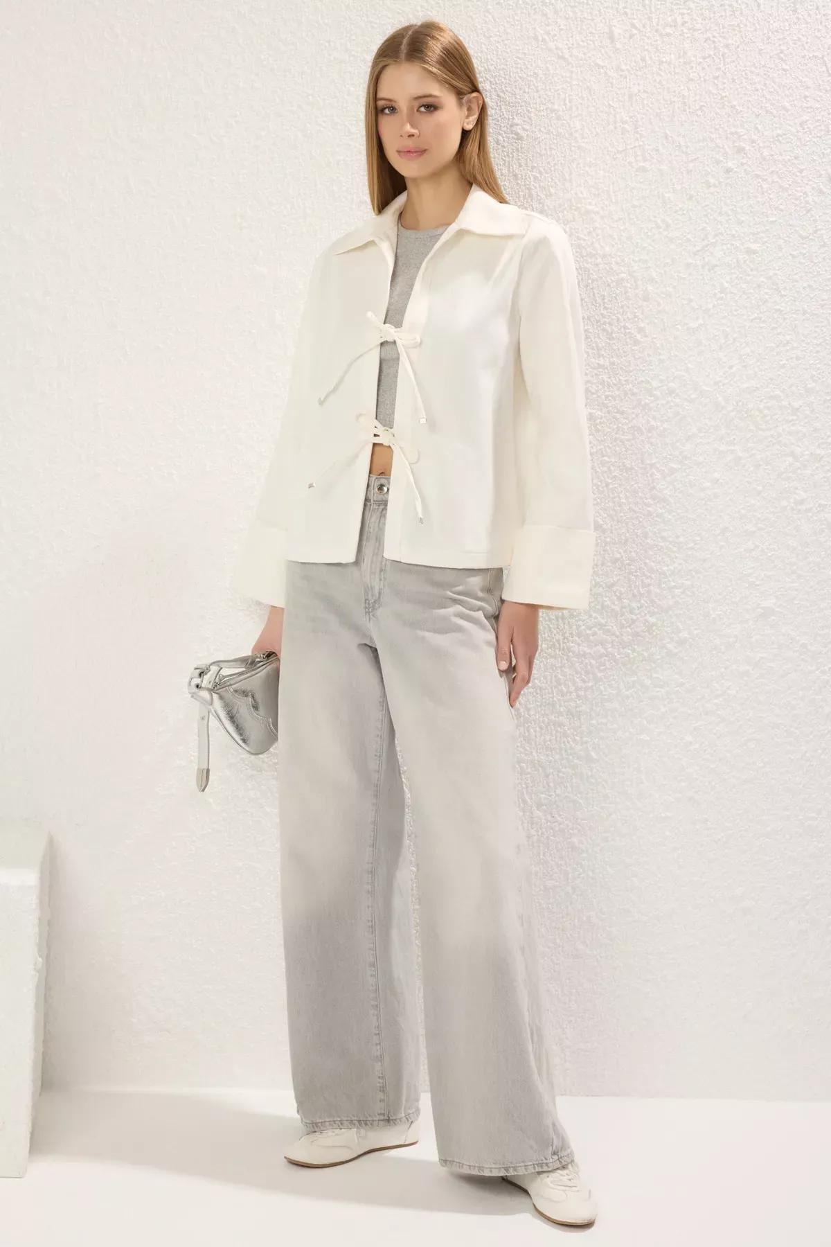 Beige Binding Detail Thin Coat, Ecru, large image number 1