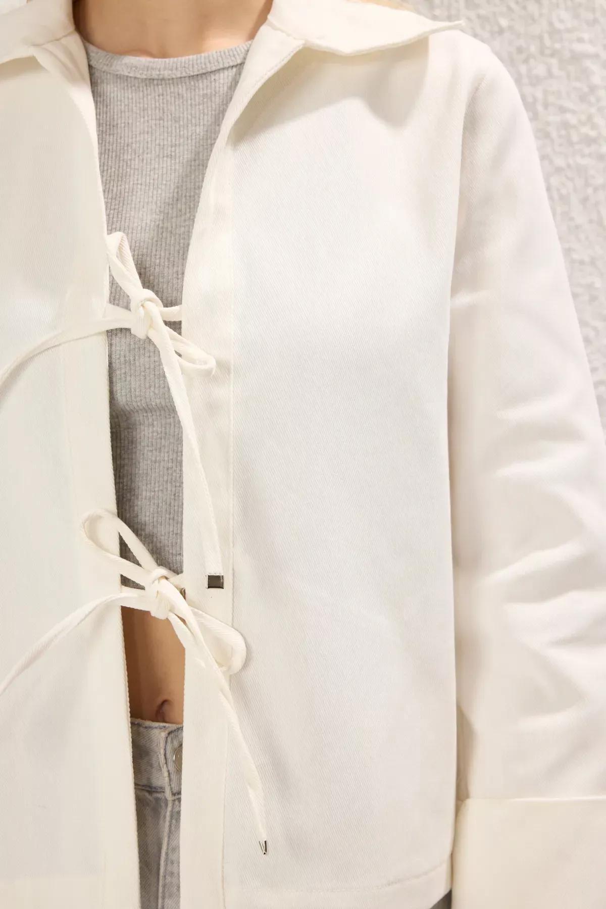 Beige Binding Detail Thin Coat, Ecru, large image number 2