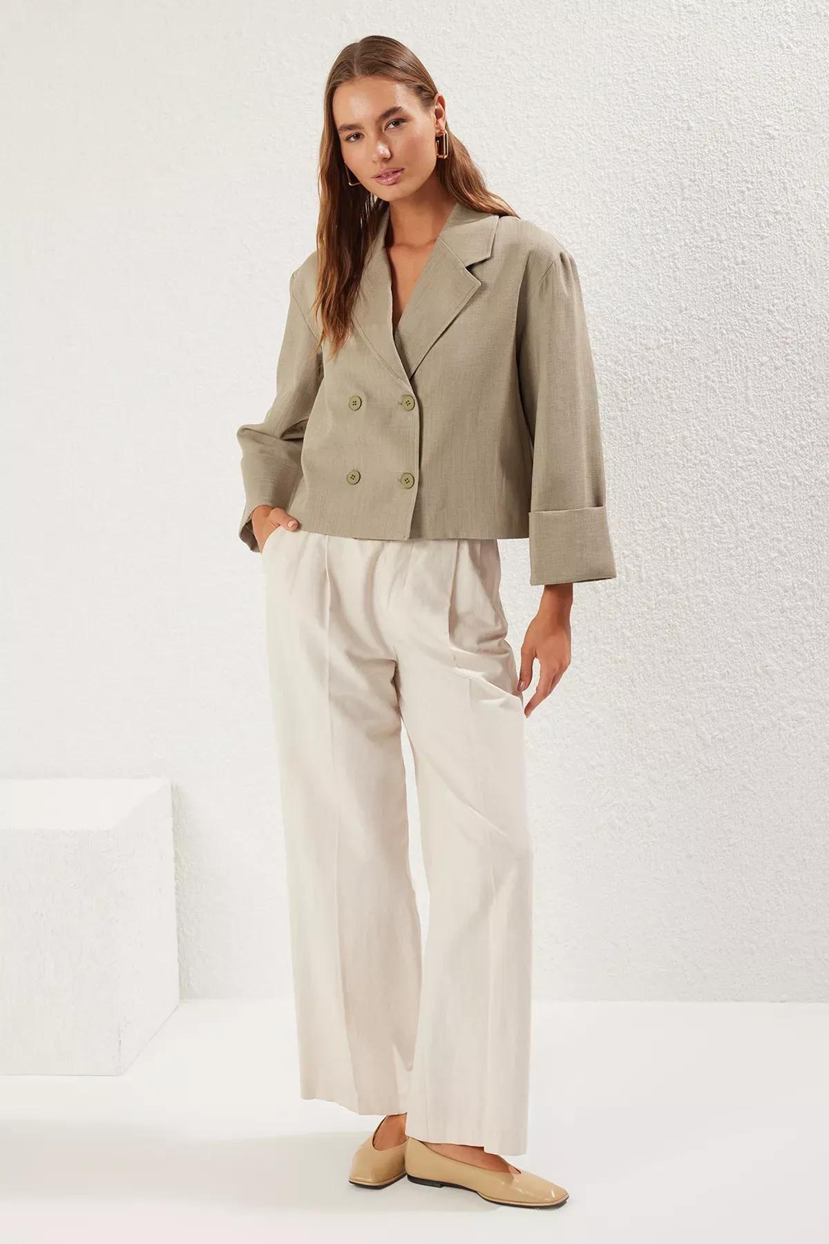 Linen Look Oversized Blazer, Khaki, large image number 1