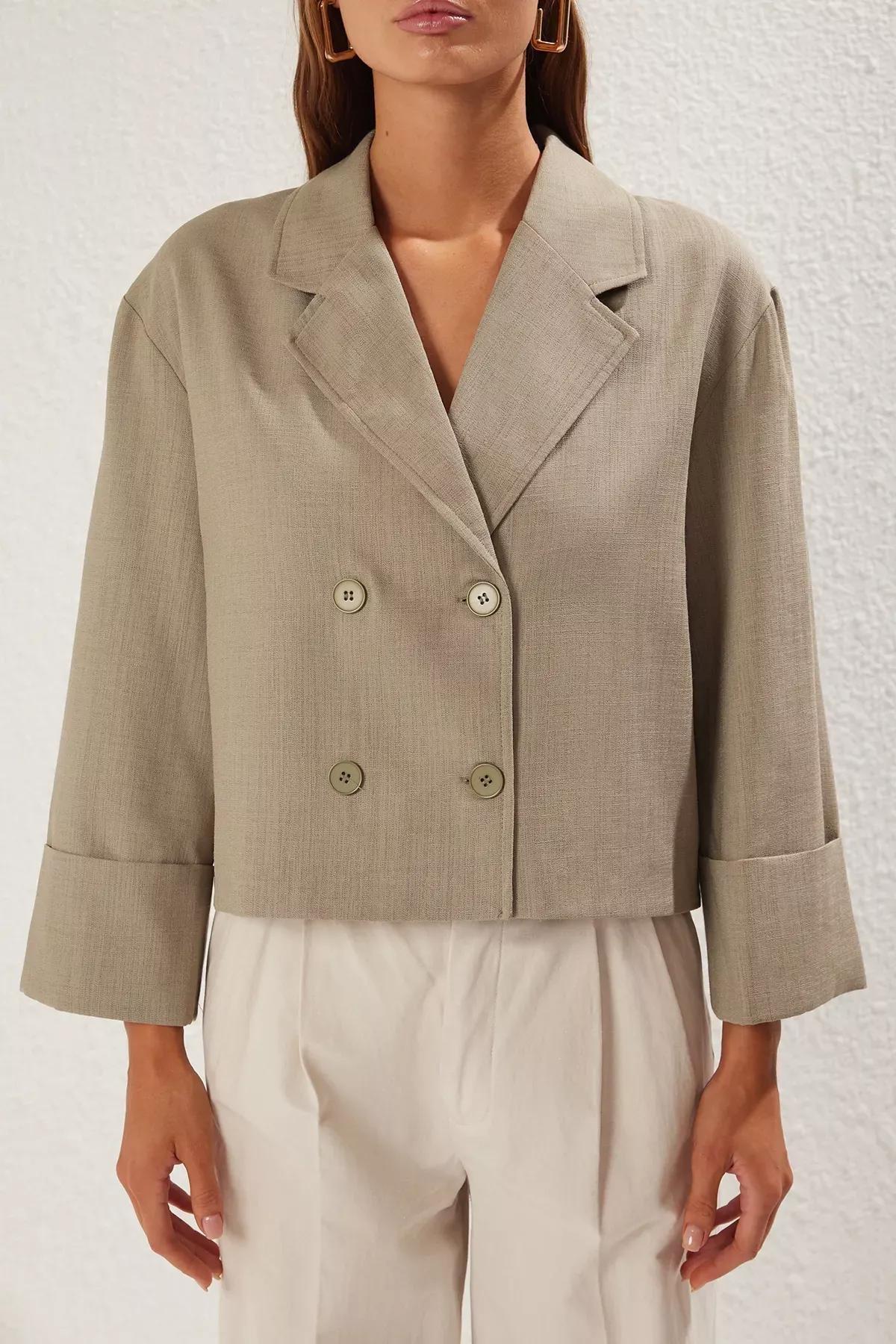 Linen Look Oversized Blazer, Khaki, large image number 2