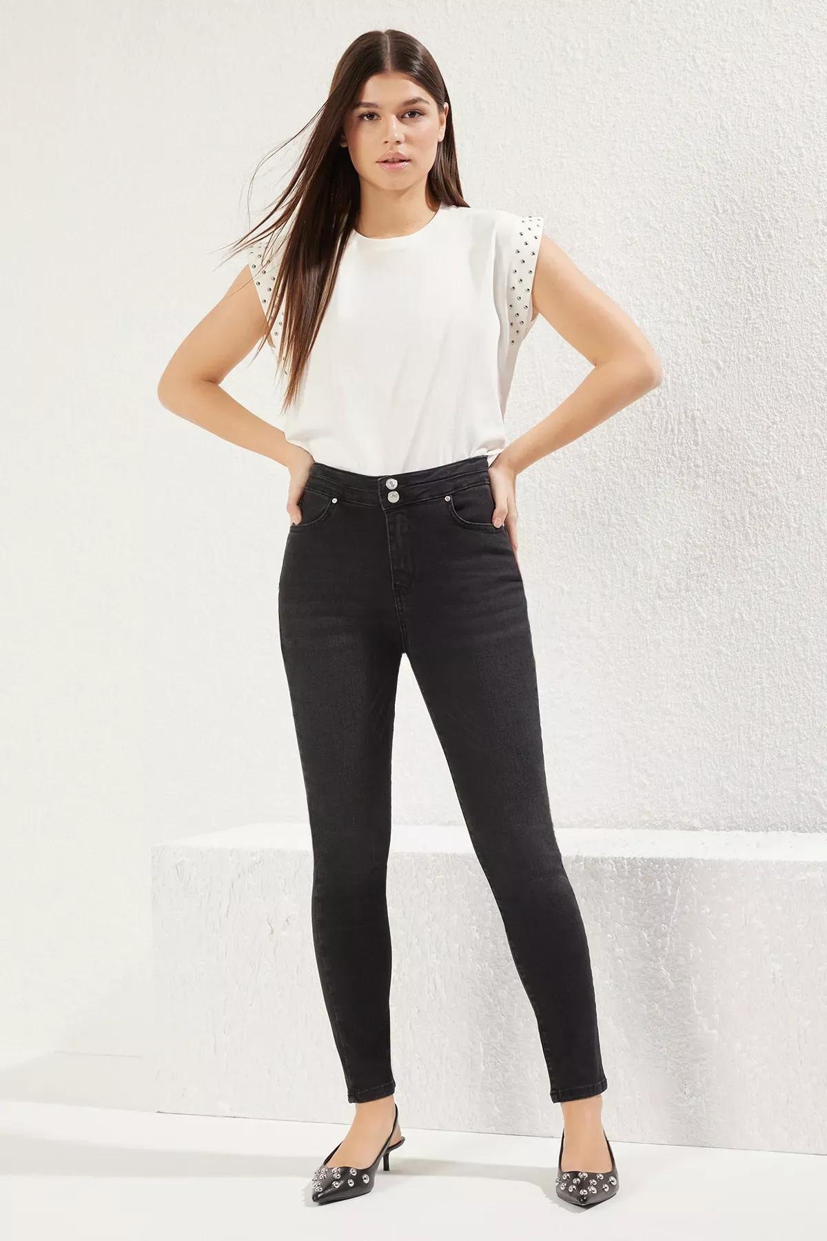 Black Button Skinny Fit Jeans, , large image number 0
