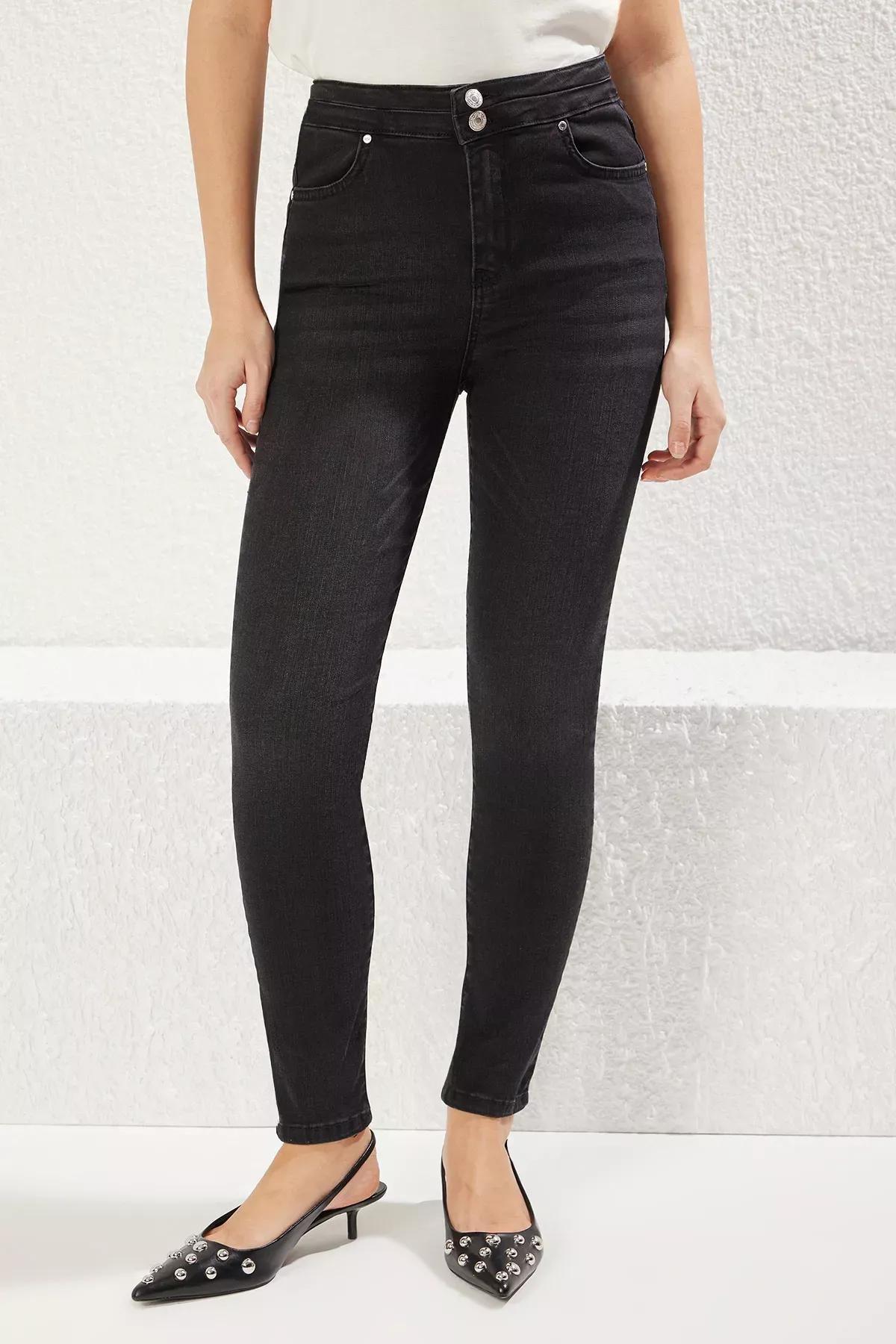 Black Button Skinny Fit Jeans, , large image number 2