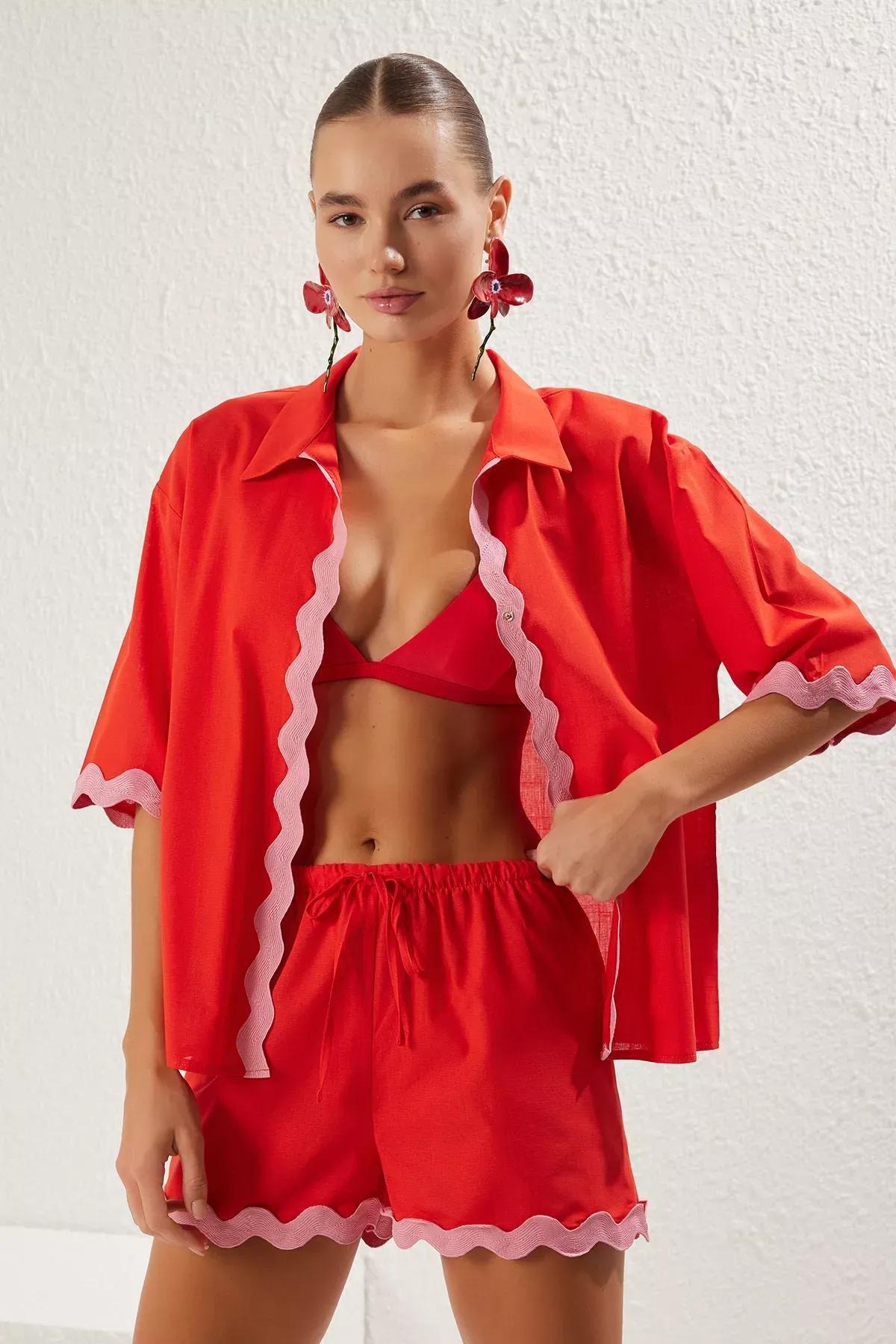 Red Pink Stripe Kimono Shorts Set, , large image number 0