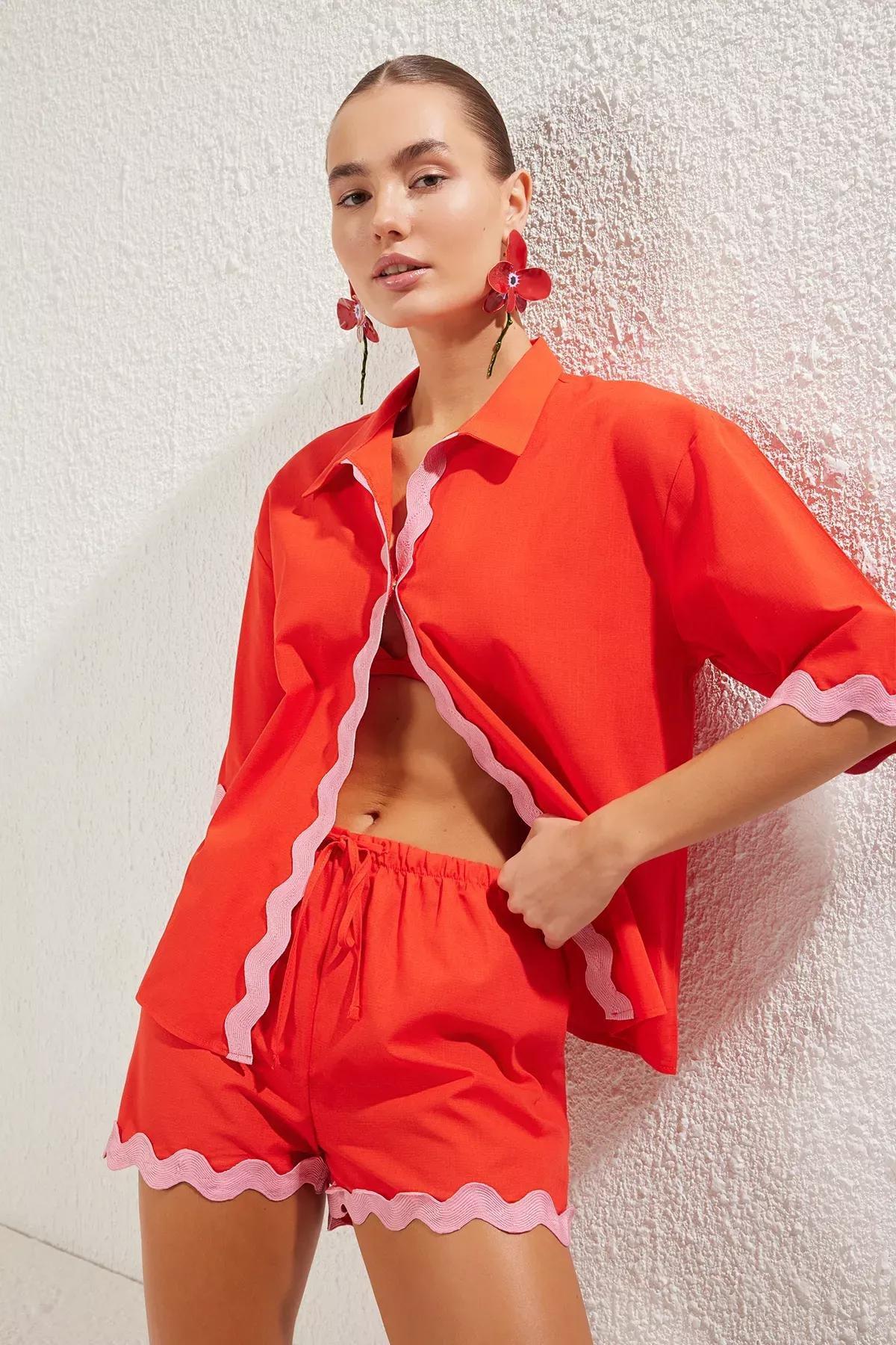 Red Pink Stripe Kimono Shorts Set, Red-Pink, medium