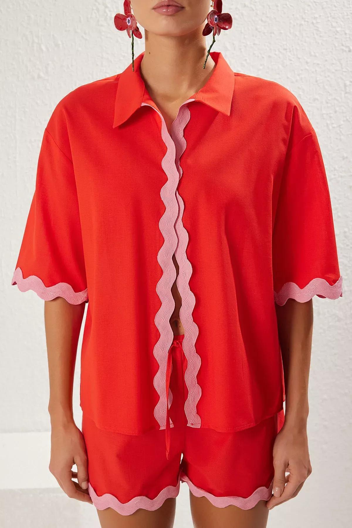 Red Pink Stripe Kimono Shorts Set, Red-Pink, medium